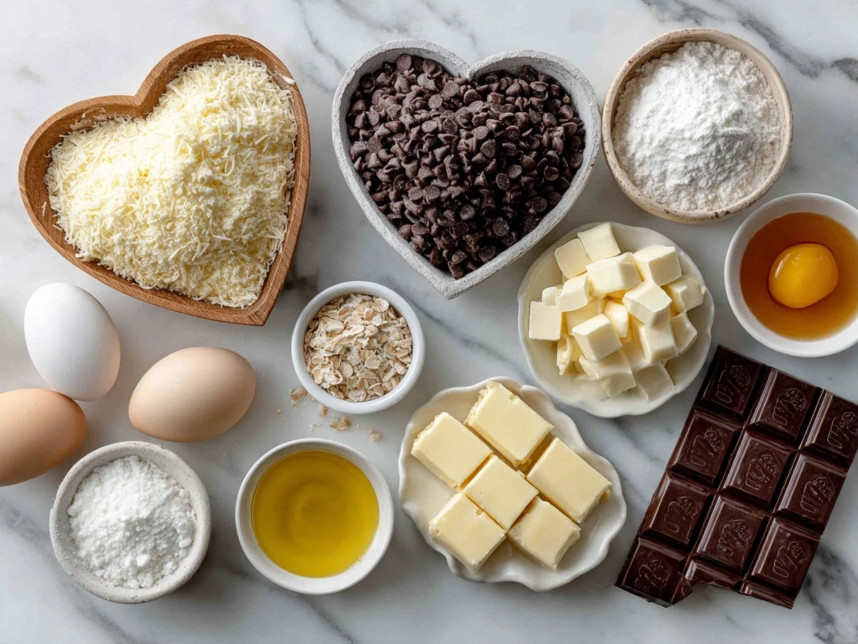 Ingredients for Heart-Shaped Chocolate Chip Cookies including flour, sugar, butter, eggs, vanilla, chocolate chips, nuts