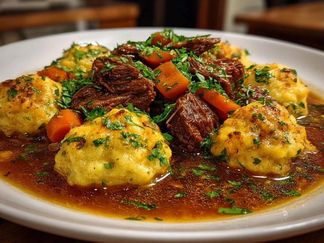 Hearty Bowl of Homemade Beef Stew and Dumplings
