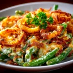 home cook, iPhone 14 Pro. Close-up slight angle of freshly prepared Green Bean Casserole on white plate. warm appetizing --ar 4:3 --style raw --s 245