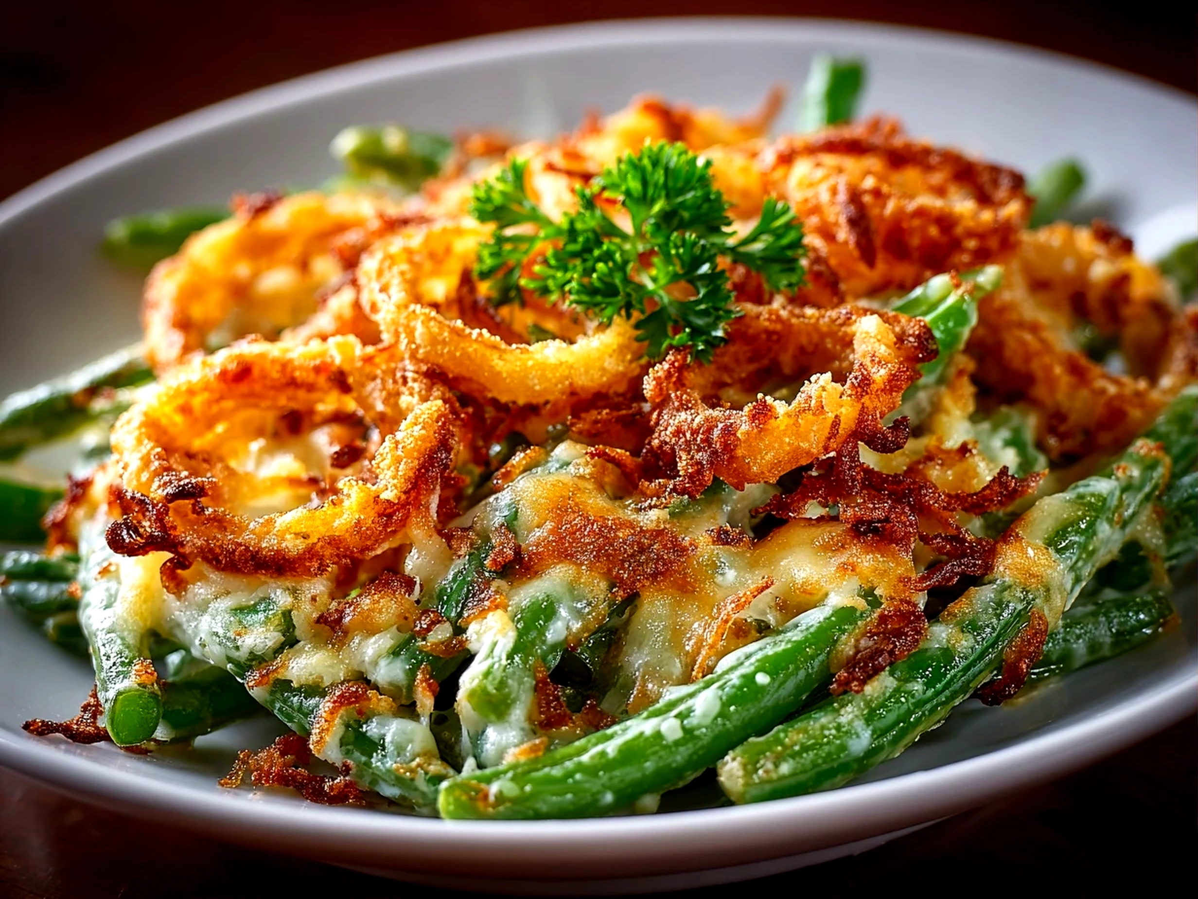 home cook, iPhone 14 Pro. Close-up slight angle of freshly prepared Green Bean Casserole on white plate. warm appetizing --ar 4:3 --style raw --s 245