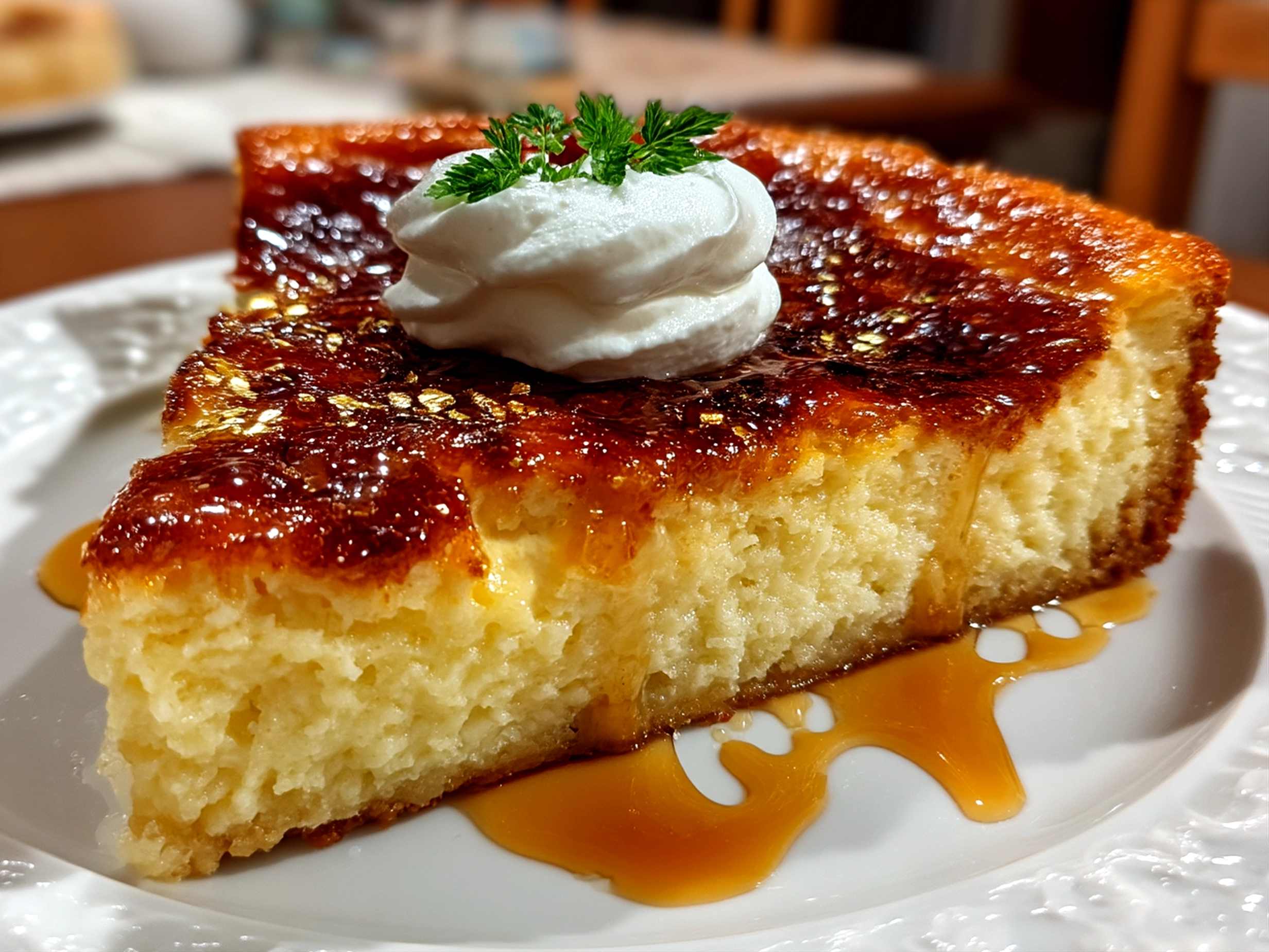 Close-up of a comforting finished Polish Sernik cheesecake served and ready to eat.