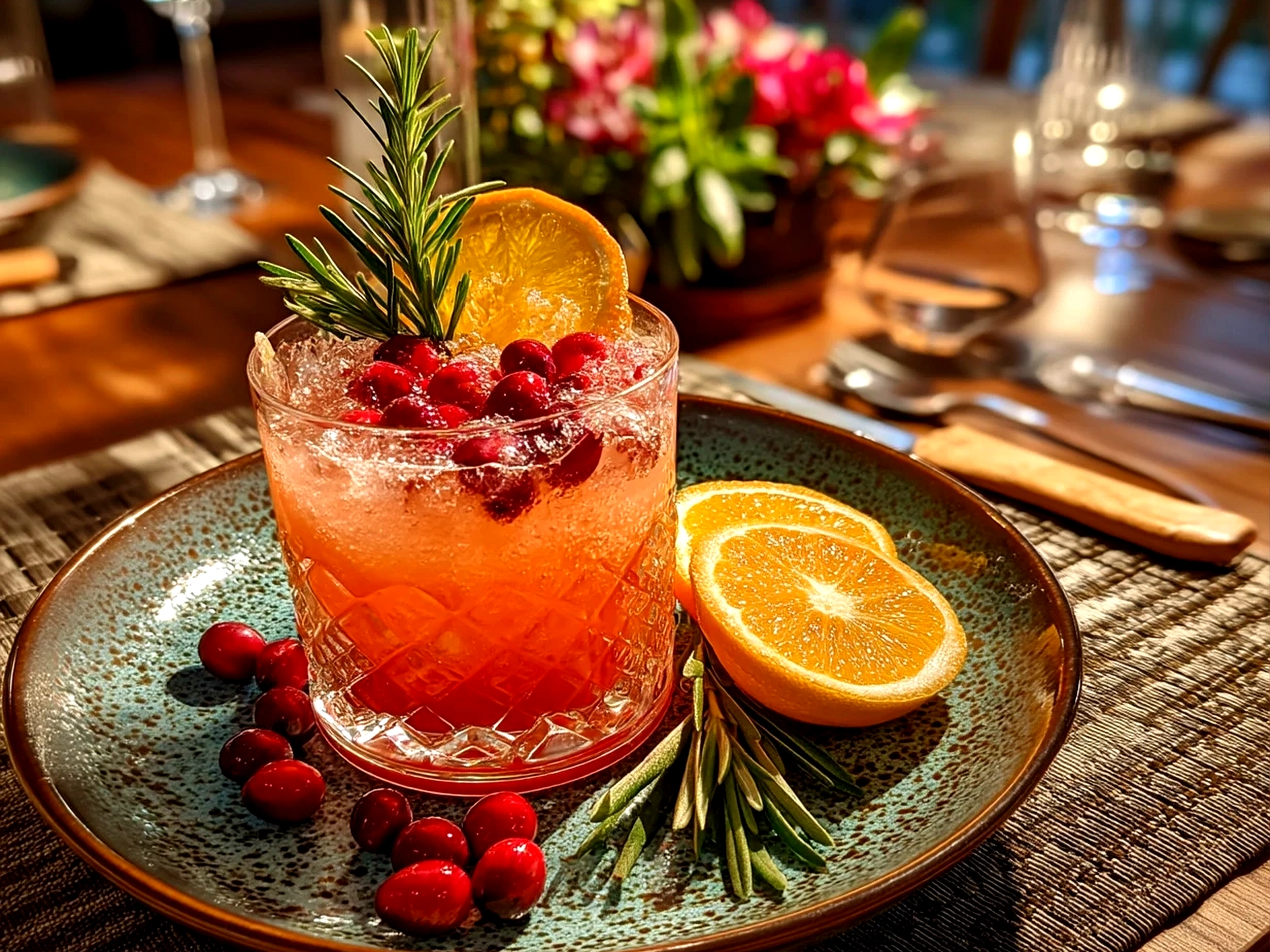 Close up of finished comforting Thanksgiving Mocktail Recipe in a glass with garnish