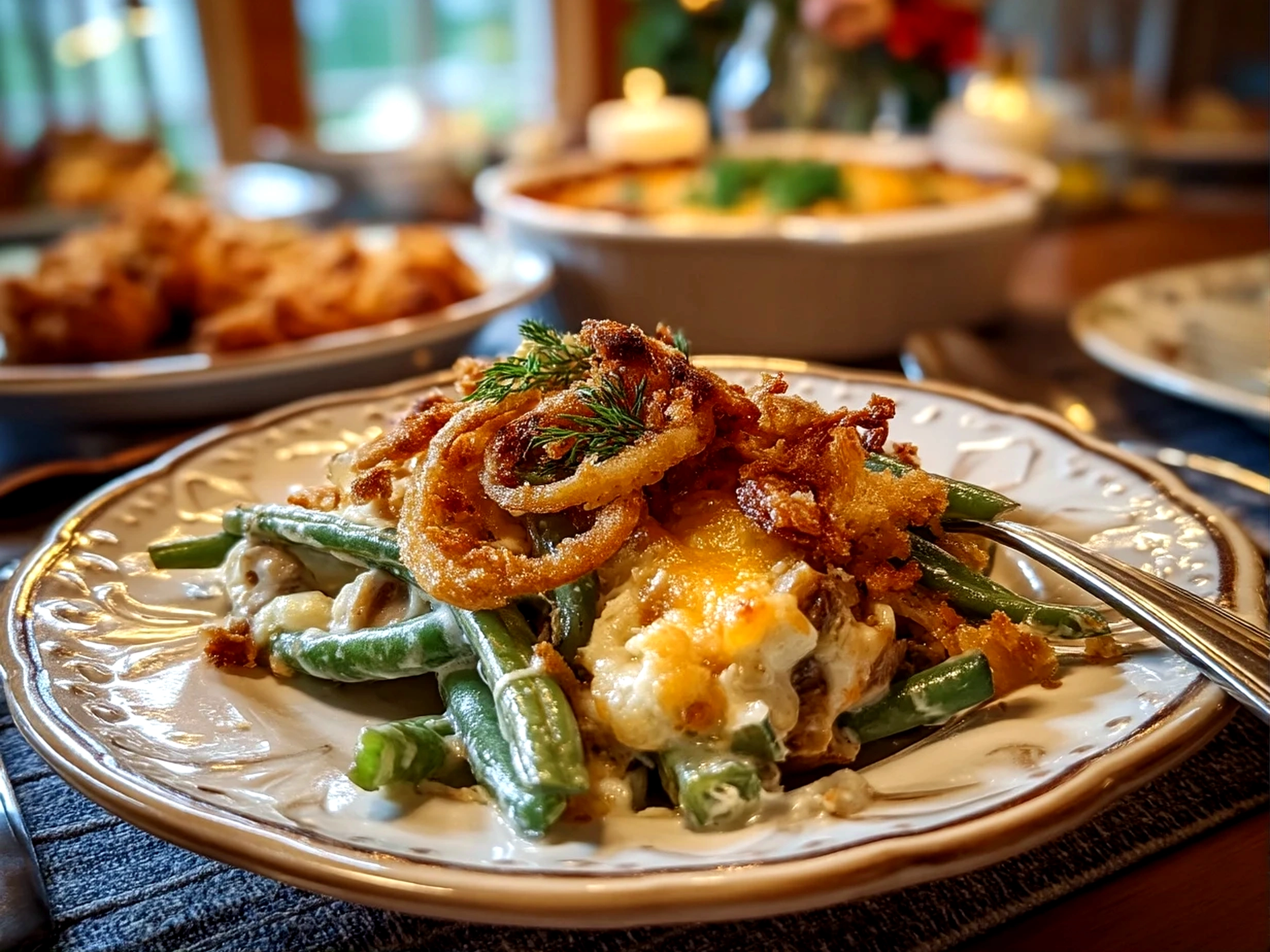 Home cook iPhone 16 Pro close-up finished comforting green bean casserole. Rich inviting