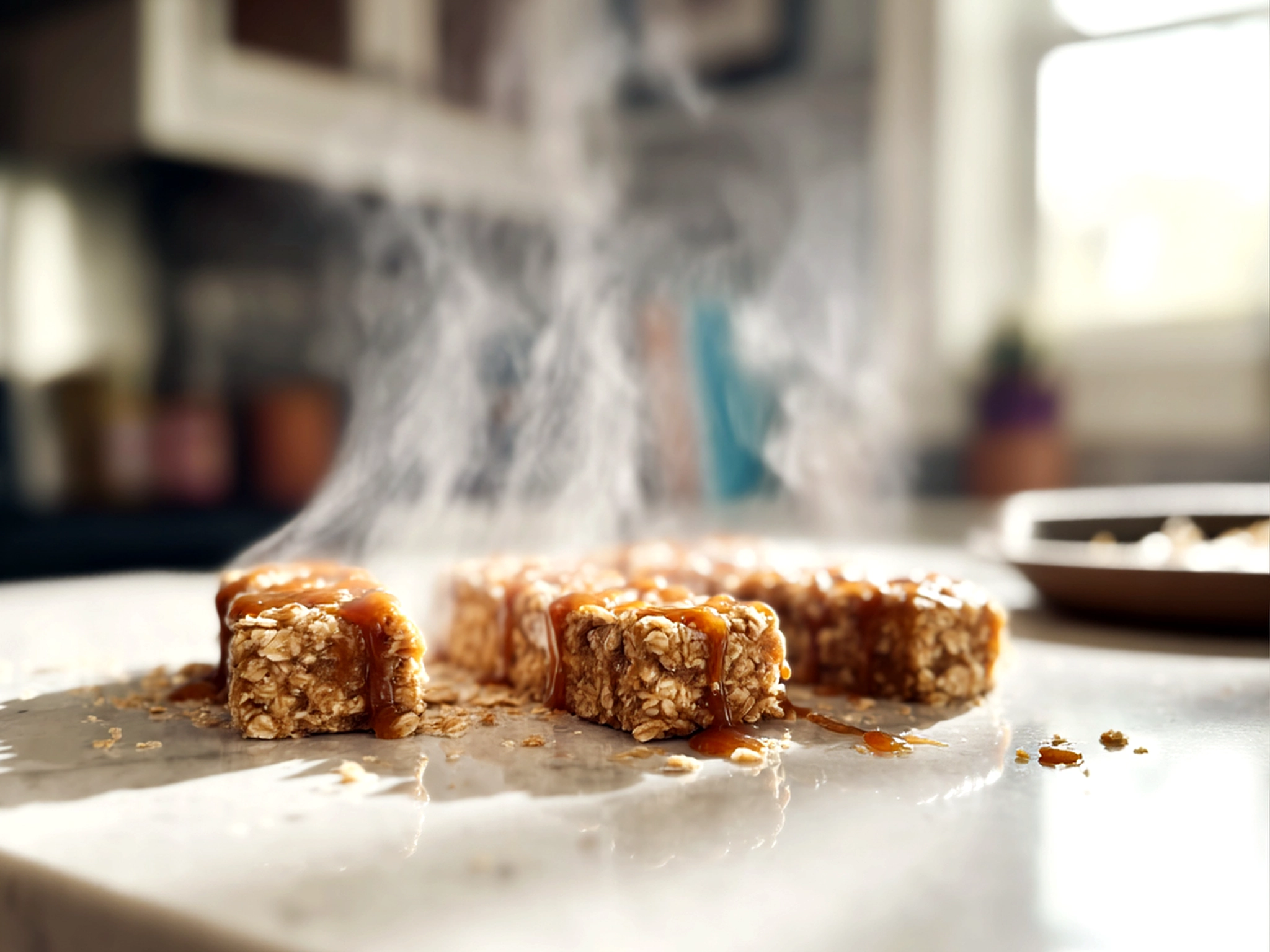 Home Cook, taken with iPhone 14 Pro. Close-up slight angle of homemade Banana Oatmeal Bars on white plate. Warm appetizing --ar 4:3 --style raw --s 230