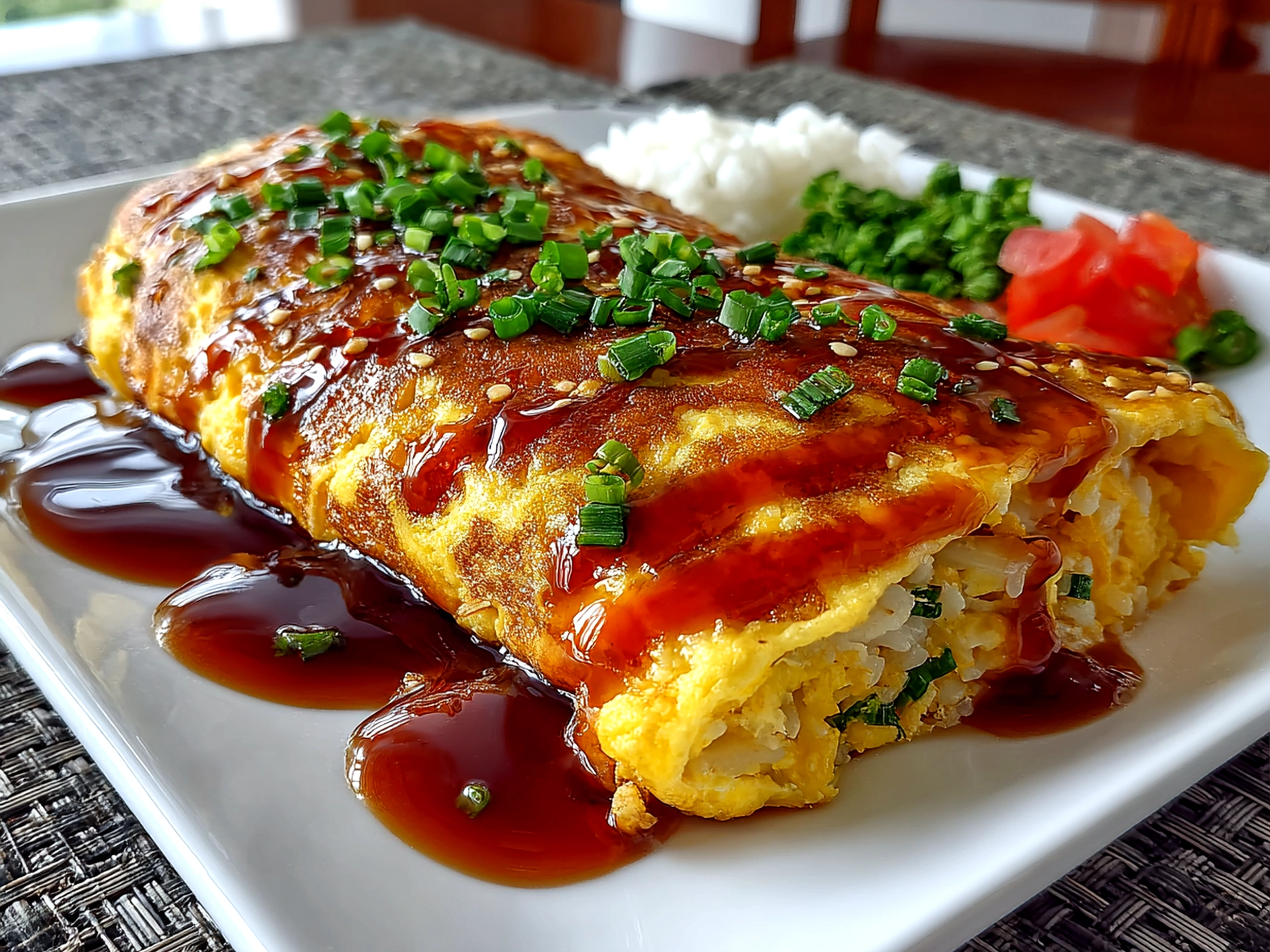 home cook, taken with iPhone 14. Close-up slight angle of comforting Omurice Japanese Rice Omelet on white plate. hearty comforting --ar 4:3 --style raw --s 230