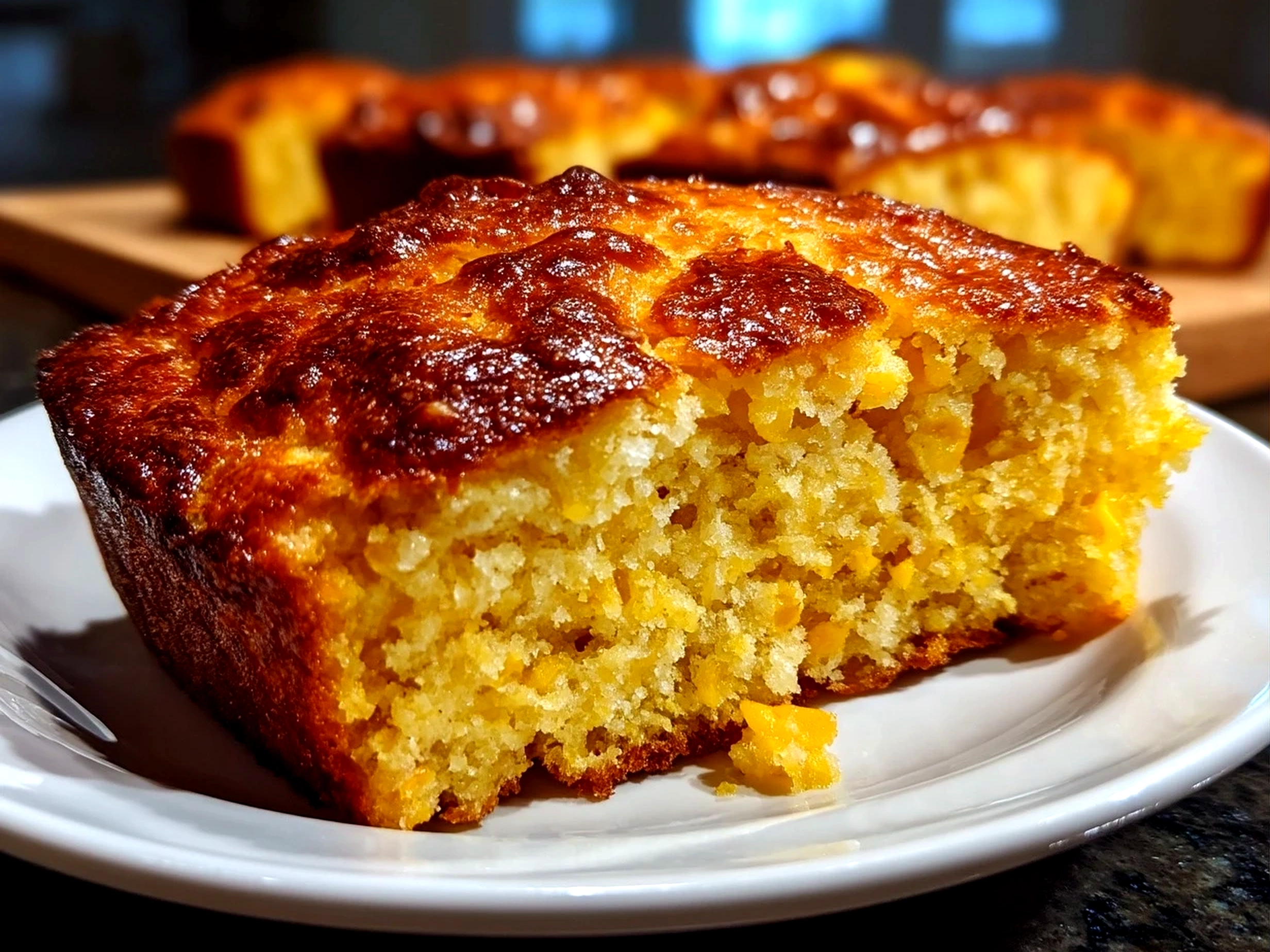 Close-up of finished comforting Southern Cornbread slice fresh from the oven