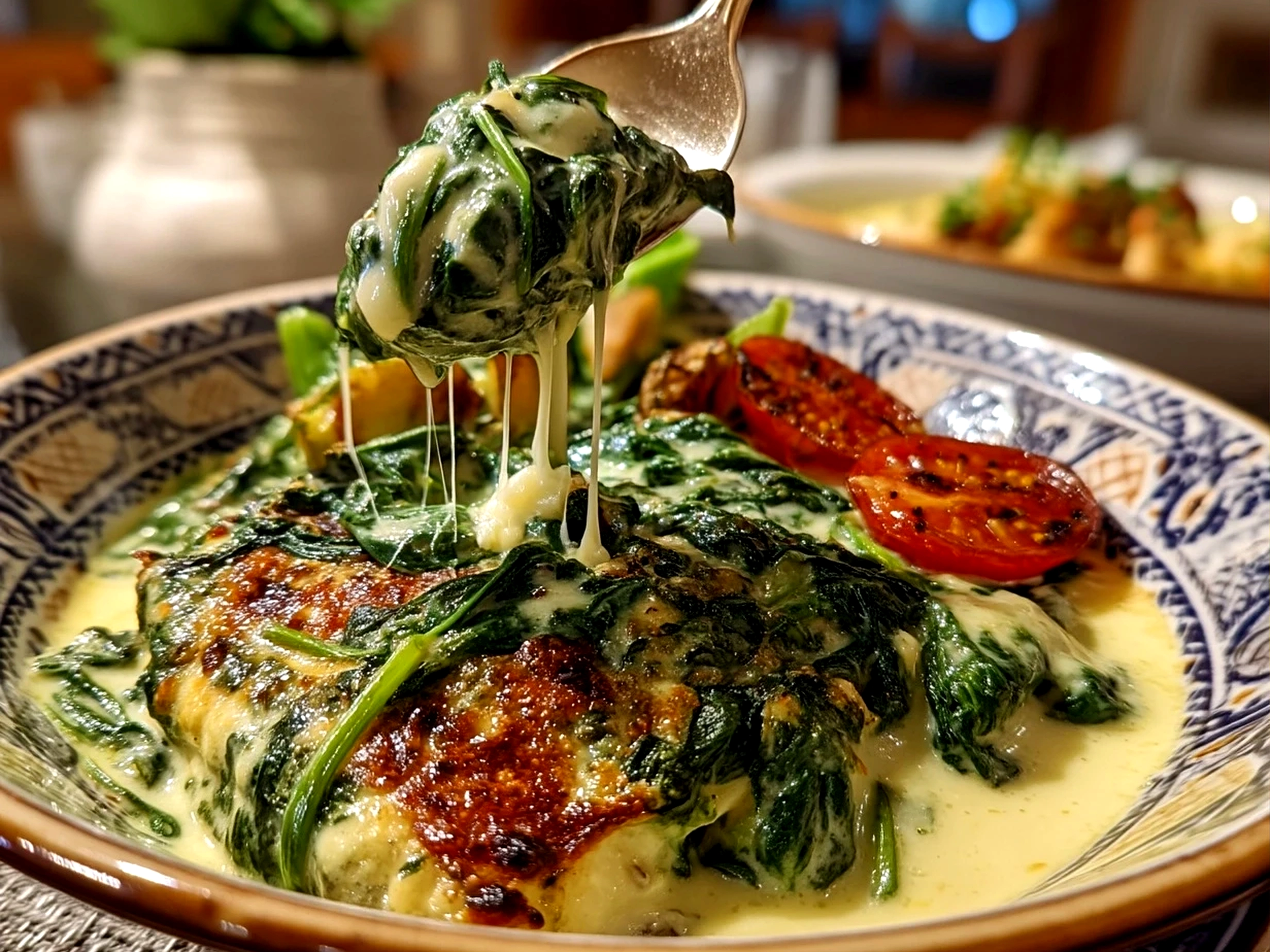 Close-up of finished comforting creamed spinach served at home kitchen table