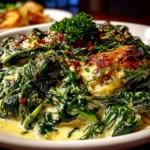 Home cooking, taken with iPhone 15 Pro. Close-up slight angle of comforting creamed spinach on white plate. Mouthwatering --ar 4:3 --style raw --s 230