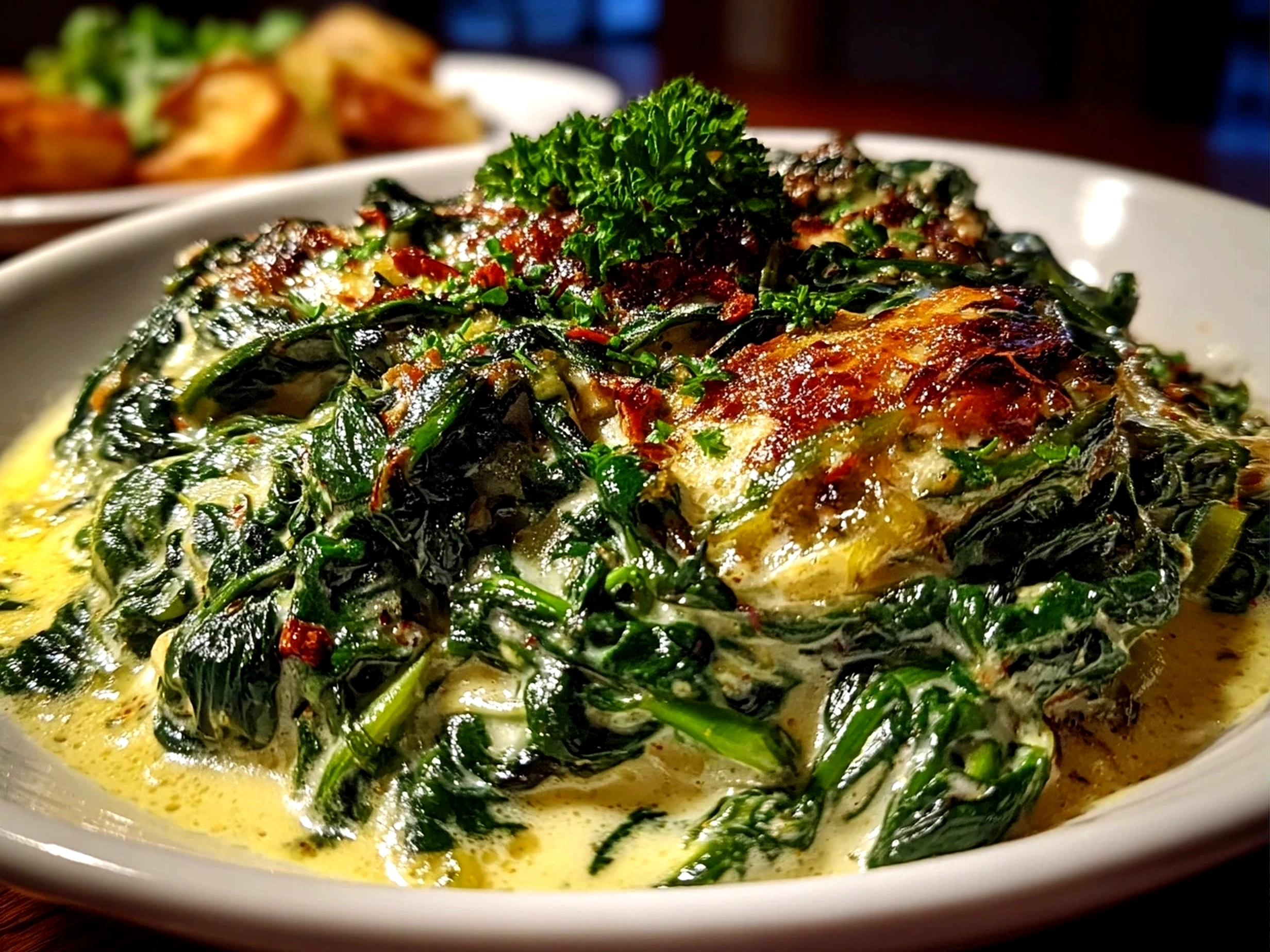 Home cooking, taken with iPhone 15 Pro. Close-up slight angle of comforting creamed spinach on white plate. Mouthwatering --ar 4:3 --style raw --s 230