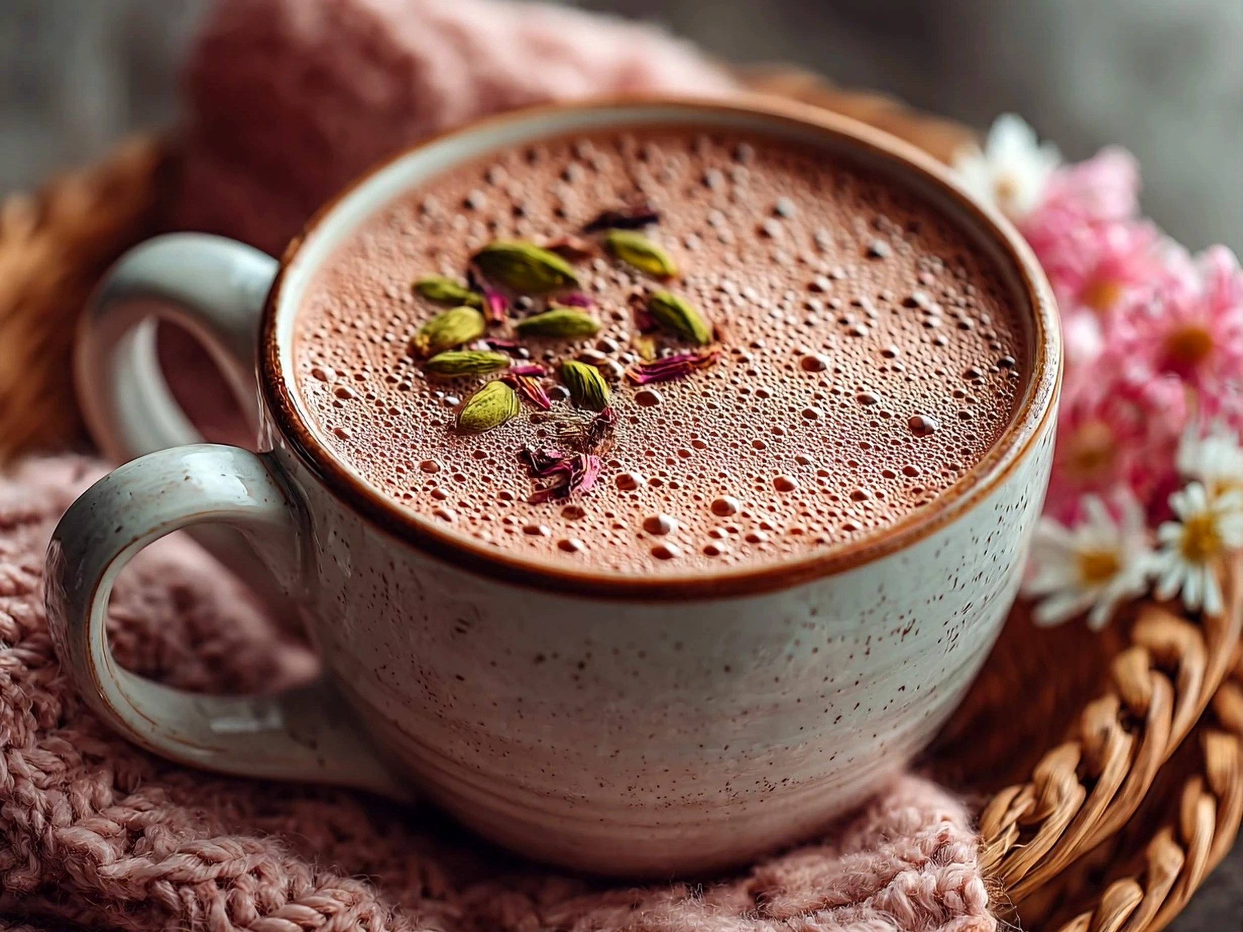 Homemade Kashmiri Pink Chai served in traditional cup