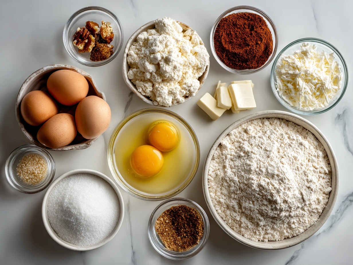 Ingredients for making Homemade Buñuelos including flour, baking powder, sugar, shortening, cinnamon and other spices.