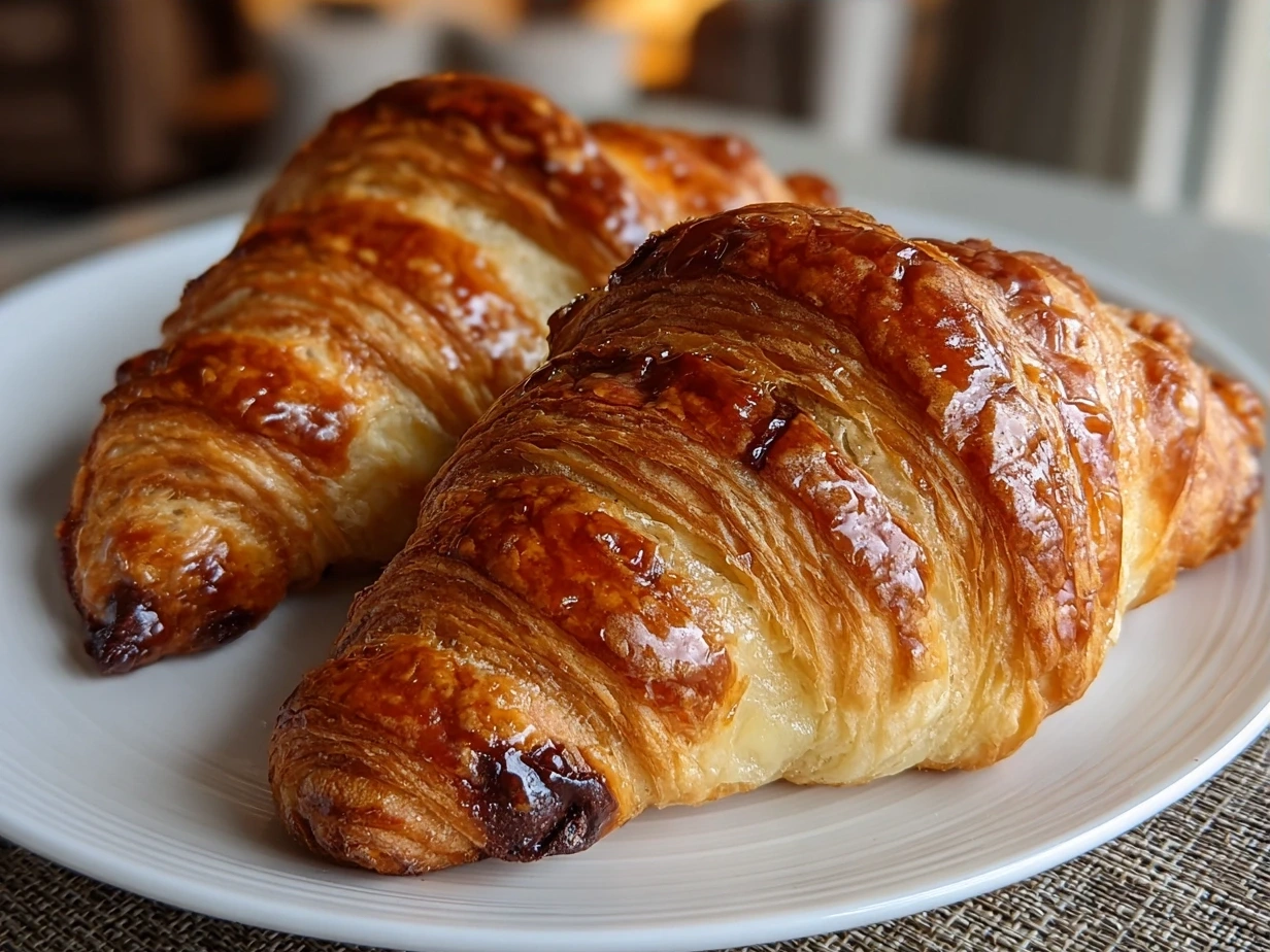 Golden brown Homemade Chocolate Croissants on a cooling rack.