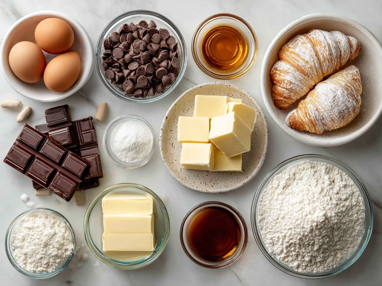 Ingredients for Homemade Chocolate Croissants including flour, sugar, yeast, butter, eggs, and chocolate.