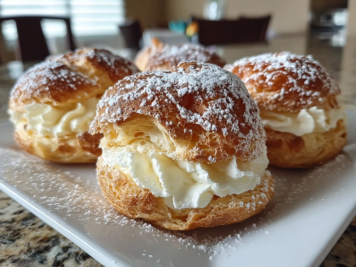 Finished Homemade Cream Puffs ready to serve on a festive plate