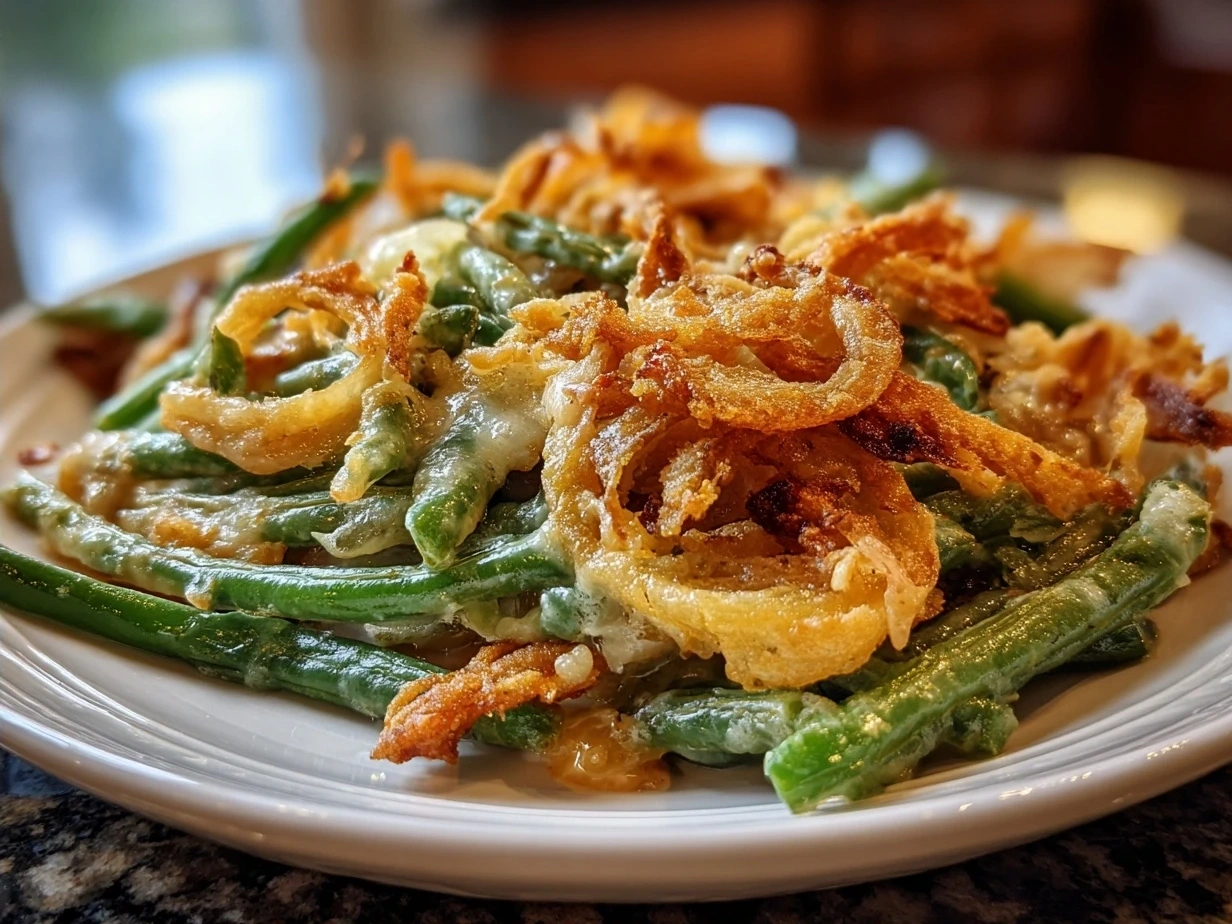 Finished homemade green bean casserole served in a dish garnished with parsley and crispy topping