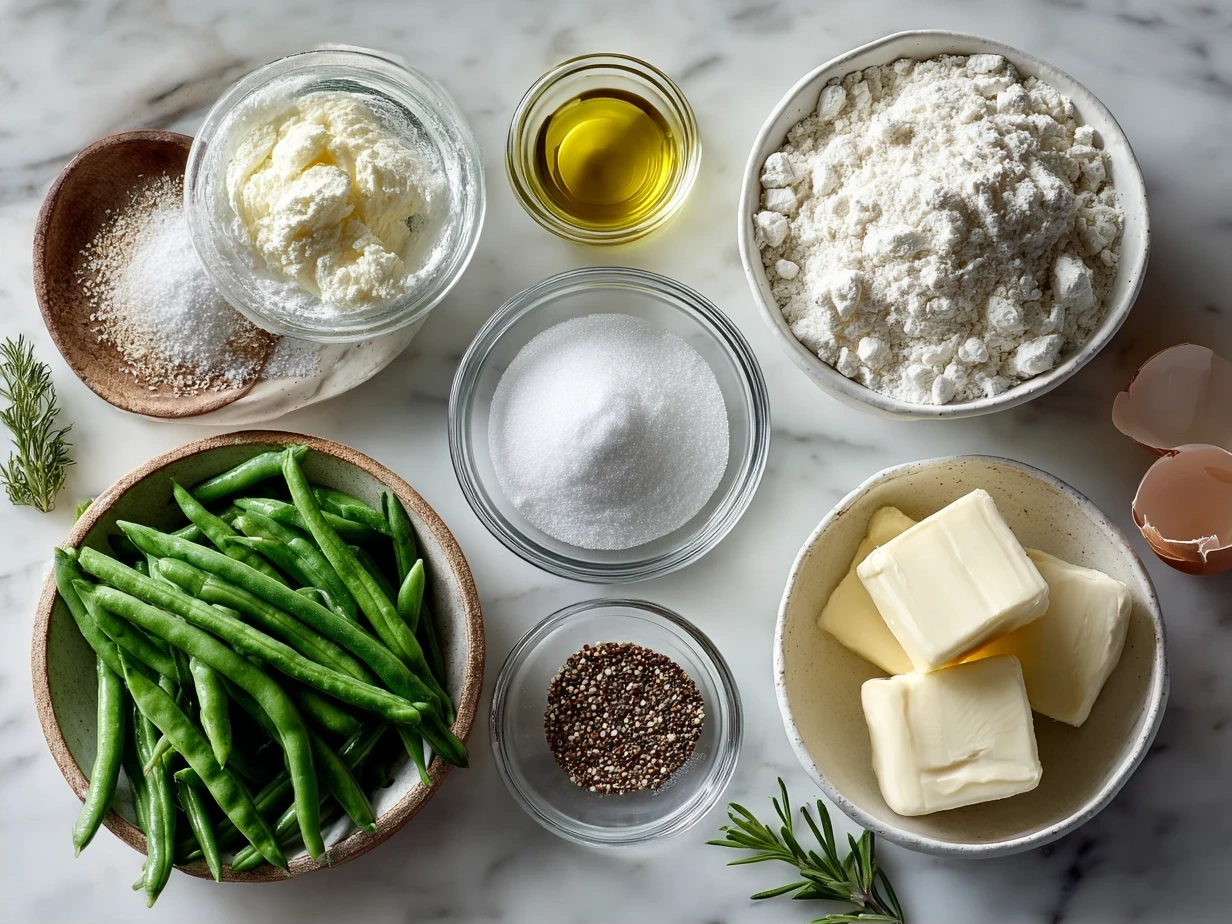 Ingredients for homemade green bean casserole including fresh green beans, mushrooms, onions, and spices