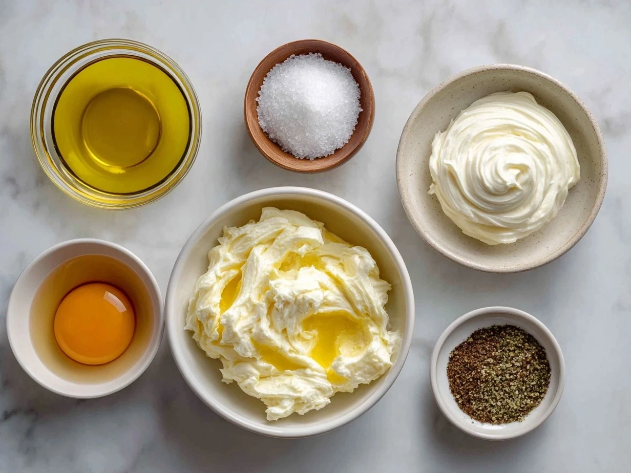 Homemade mayonnaise ingredients including egg yolk, avocado oil, lemon juice, and Dijon mustard