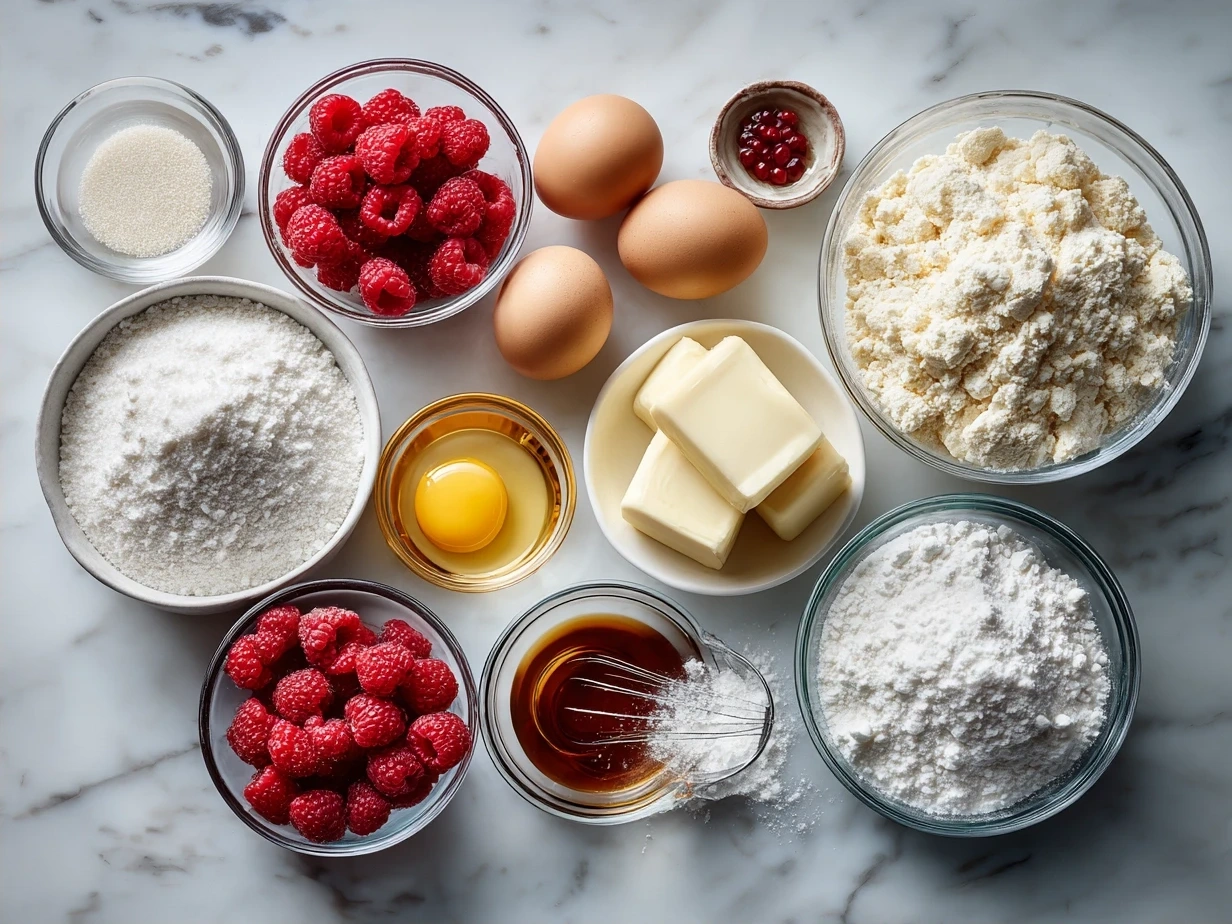 Ingredients for homemade raspberry swirl shortbread cookies laid out on a table