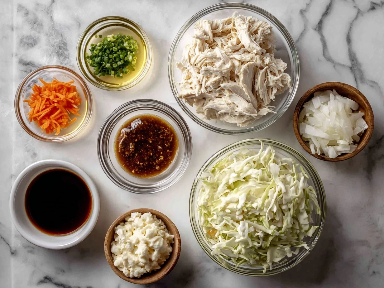 Ingredients for BBQ Chicken and Coleslaw Wraps including chicken, BBQ sauce, coleslaw mix, mayonnaise, apple cider vinegar, honey, celery seed and tortillas.