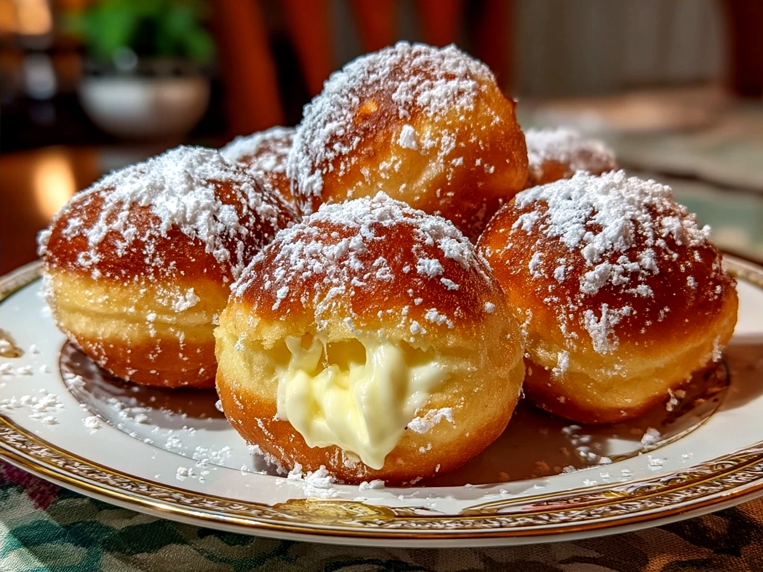 Serving Italian Bomboloni Cream Donuts on a plate with powdered sugar dusting