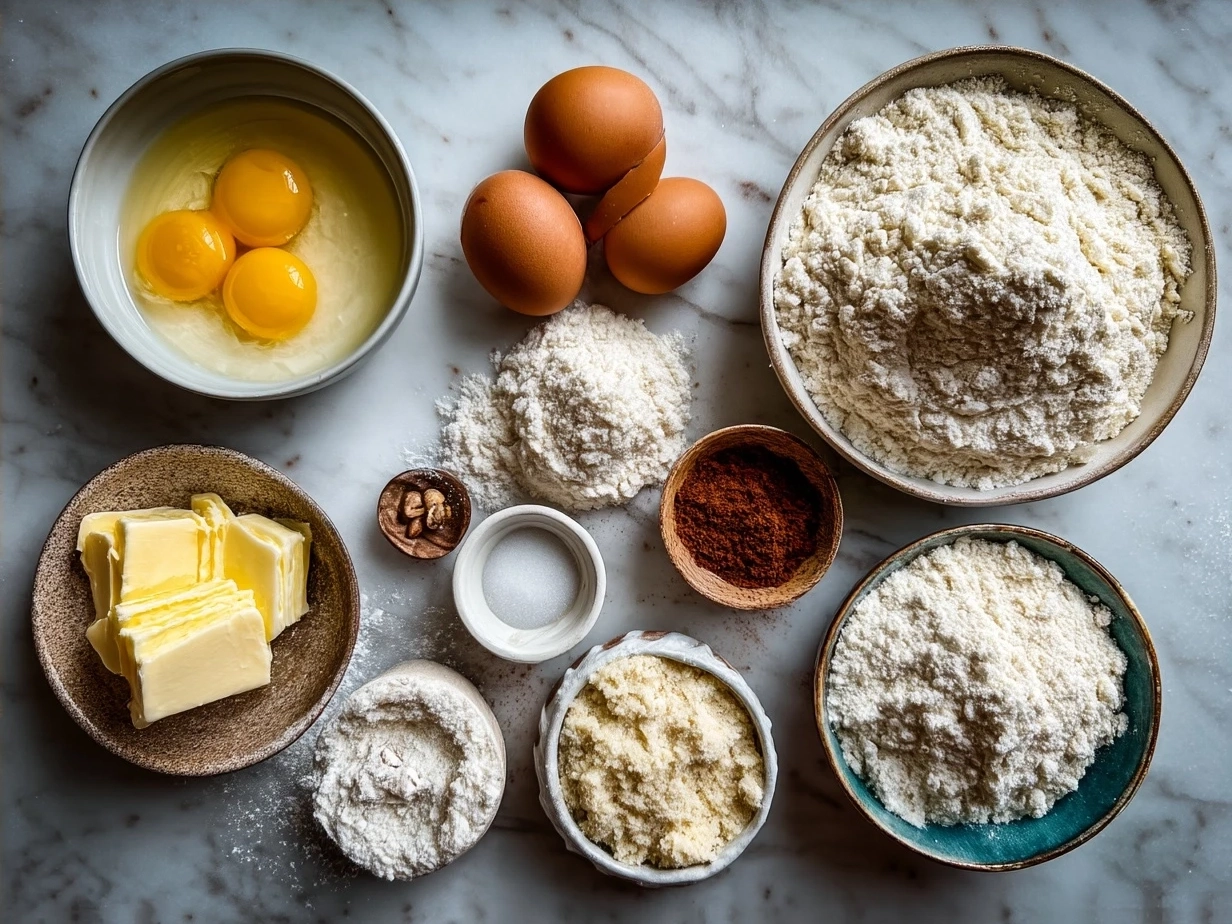 Ingredients for Italian Bomboloni Cream Donuts on a rustic table