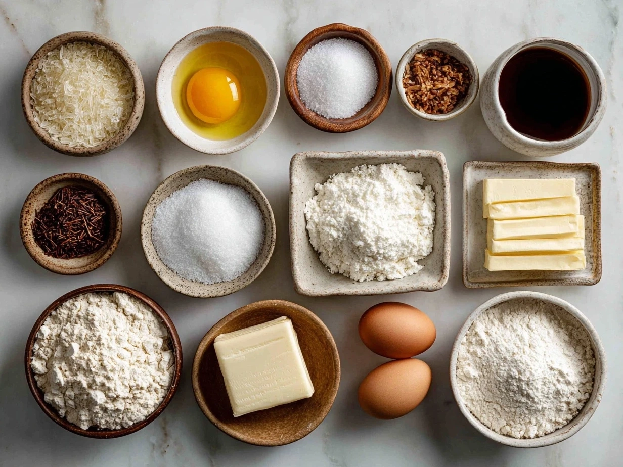 Ingredients for Italian Love Cake including eggs, flour, sugar, lemon zest, yogurt, and cream cheese