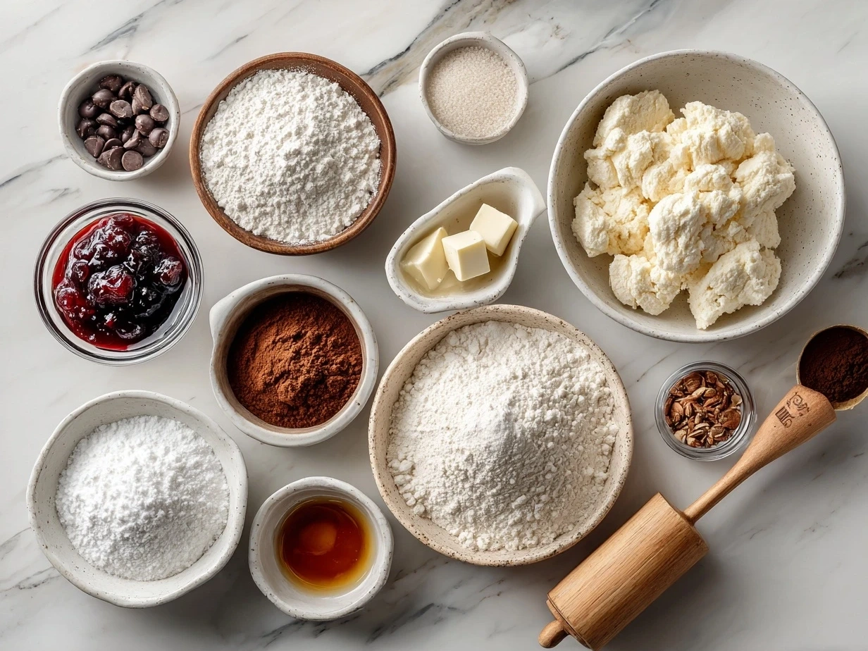 Ingredients needed for jam donut focaccia: flour, yeast, milk, sugar, butter, egg, jam, and spices