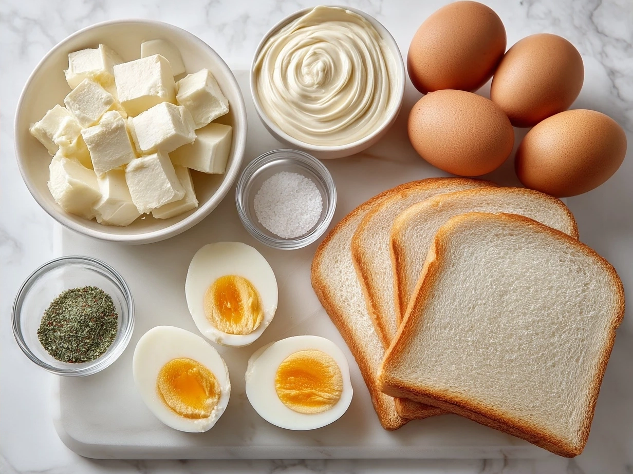 Ingredients for making a creamy Japanese egg sandwich made with eggs, mayonnaise, bread and seasonings.