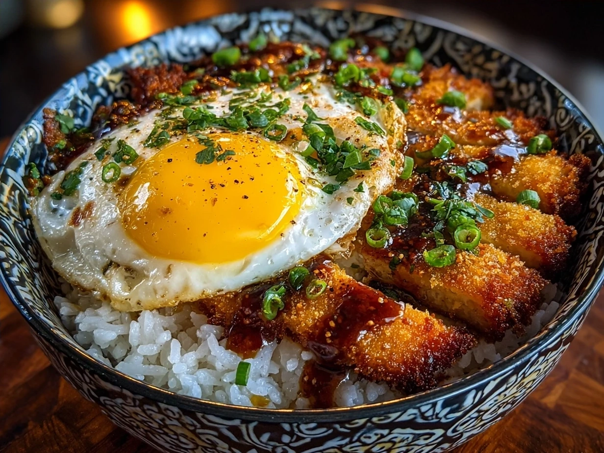 Final plated Japanese Katsu Bowls recipe with sliced chicken katsu on Japanese rice, fresh cabbage, and tonkatsu sauce