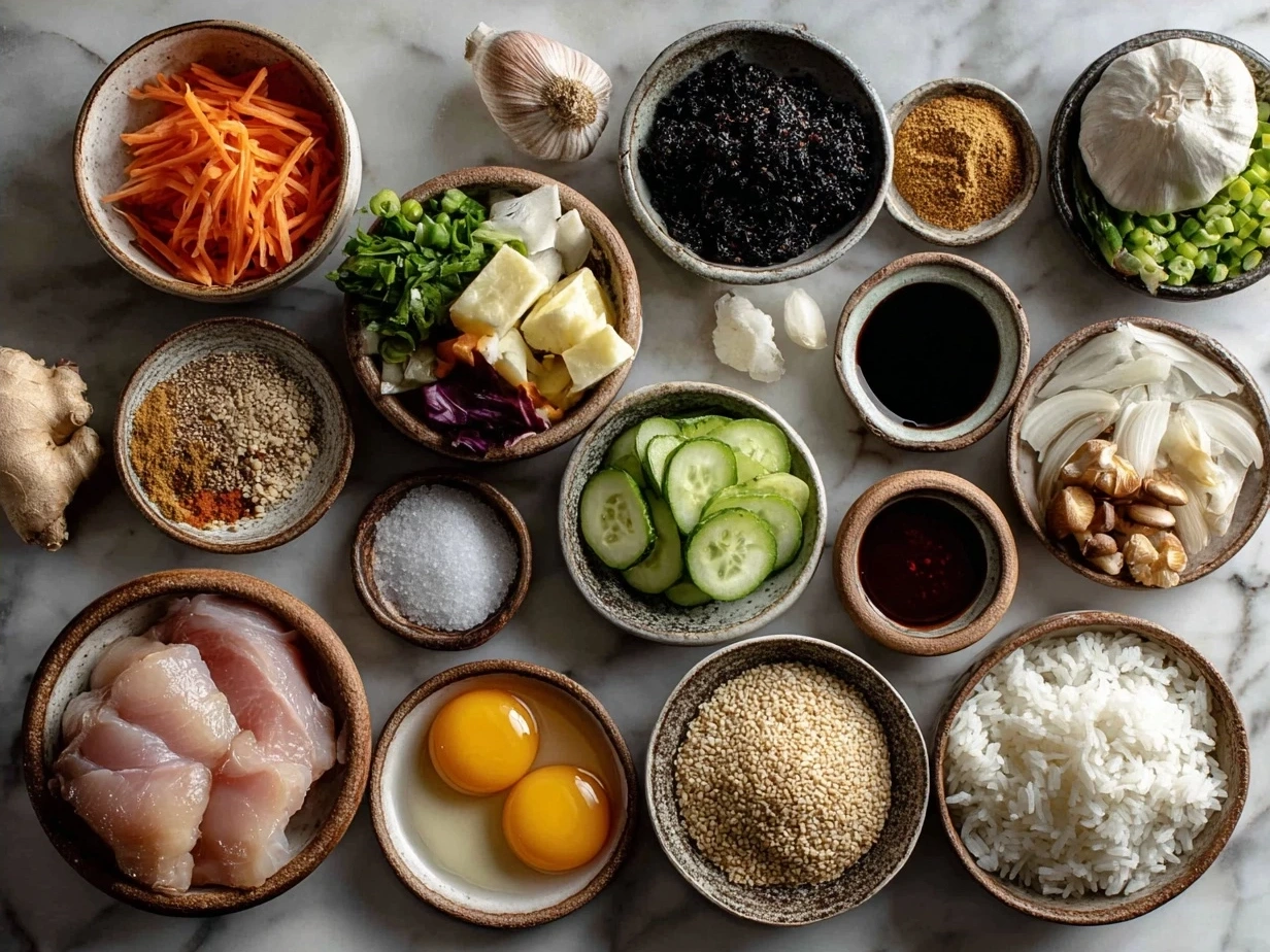 Ingredients for Japanese Katsu Bowls recipe including chicken breasts, panko breadcrumbs, eggs, rice, cabbage, tonkatsu sauce, and oil