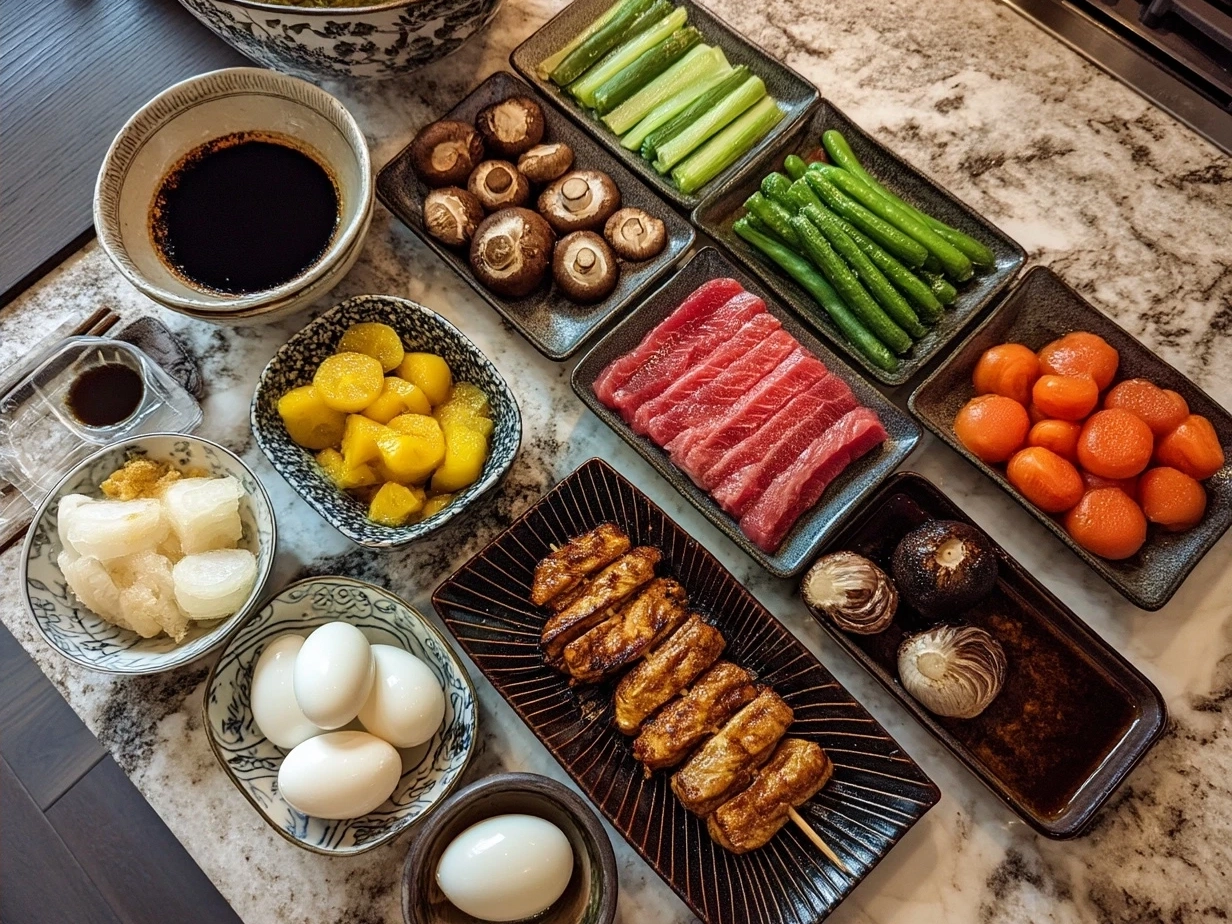 Ingredients for Japanese Yakitori Grilled Chicken displayed on a kitchen counter