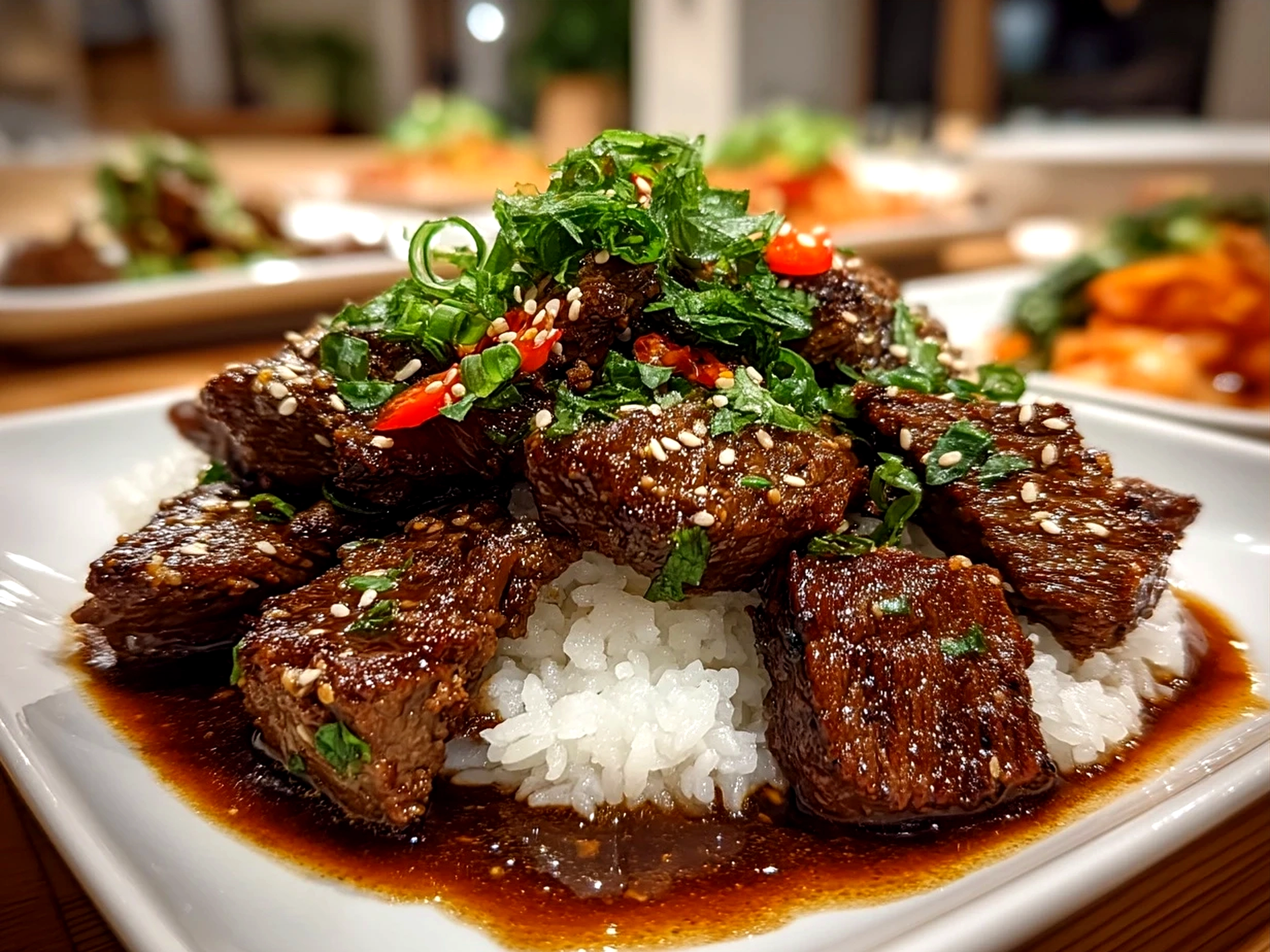 Served Korean BBQ Beef with kimchi and sautéed vegetables on a plate