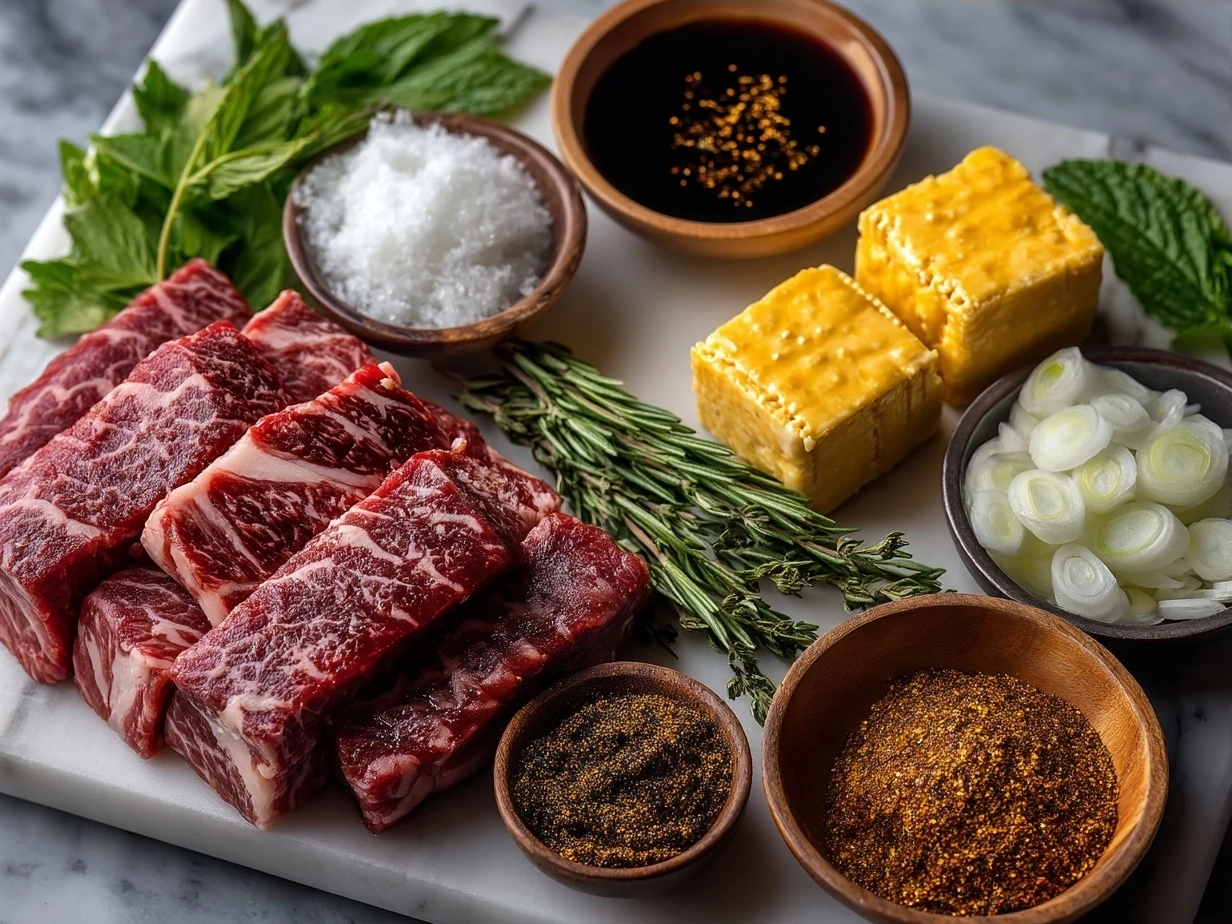 Ingredients for Korean BBQ Beef including thinly sliced beef, soy sauce, garlic, ginger, and green onions