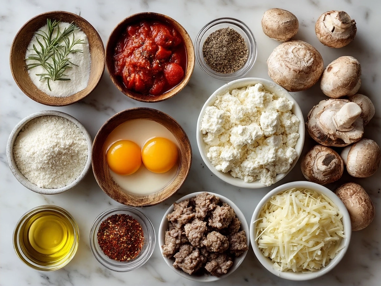 Ingredients for Italian lasagna soup including ground beef, crushed tomatoes, cheese, and herbs