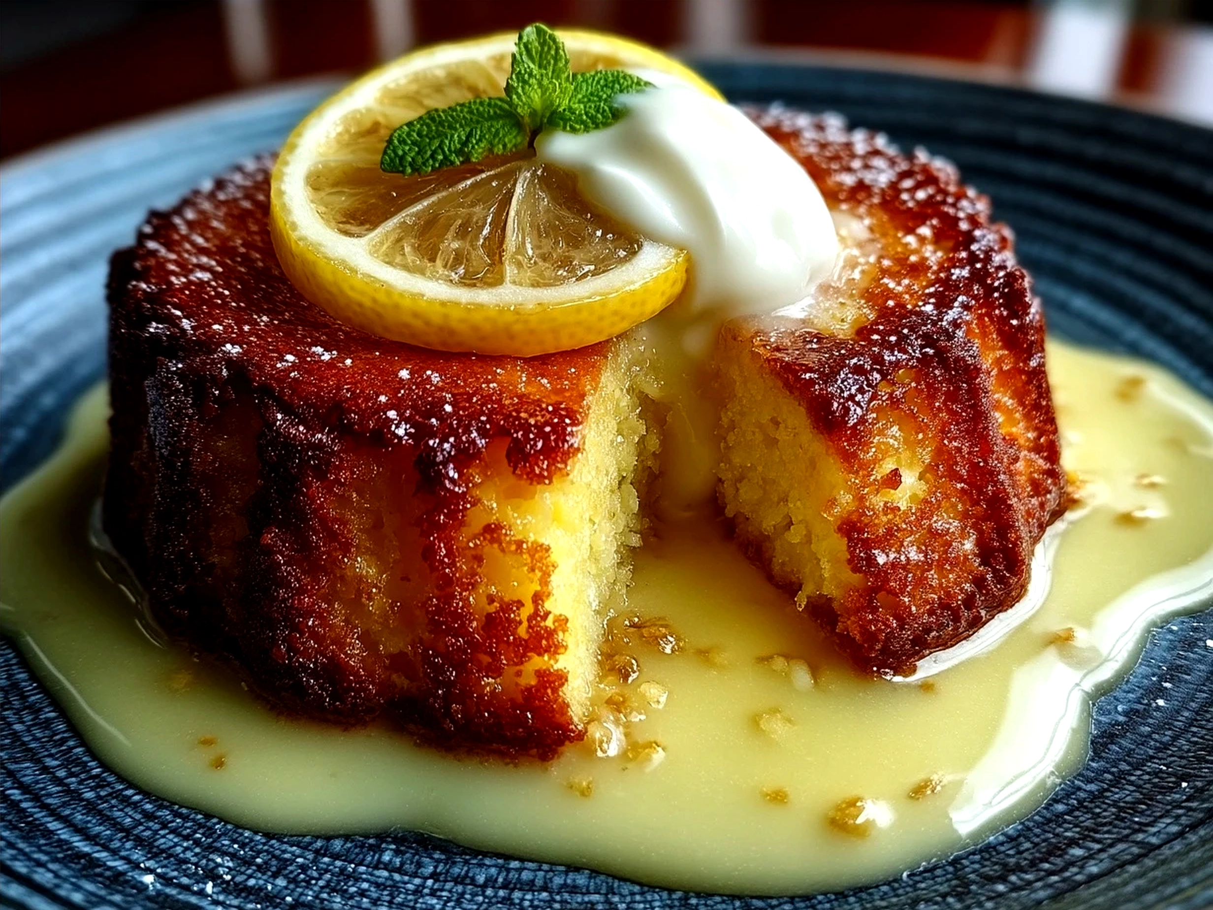 A slice of homemade Lemon Custard Cake served with fresh berries and a dollop of Greek yogurt.