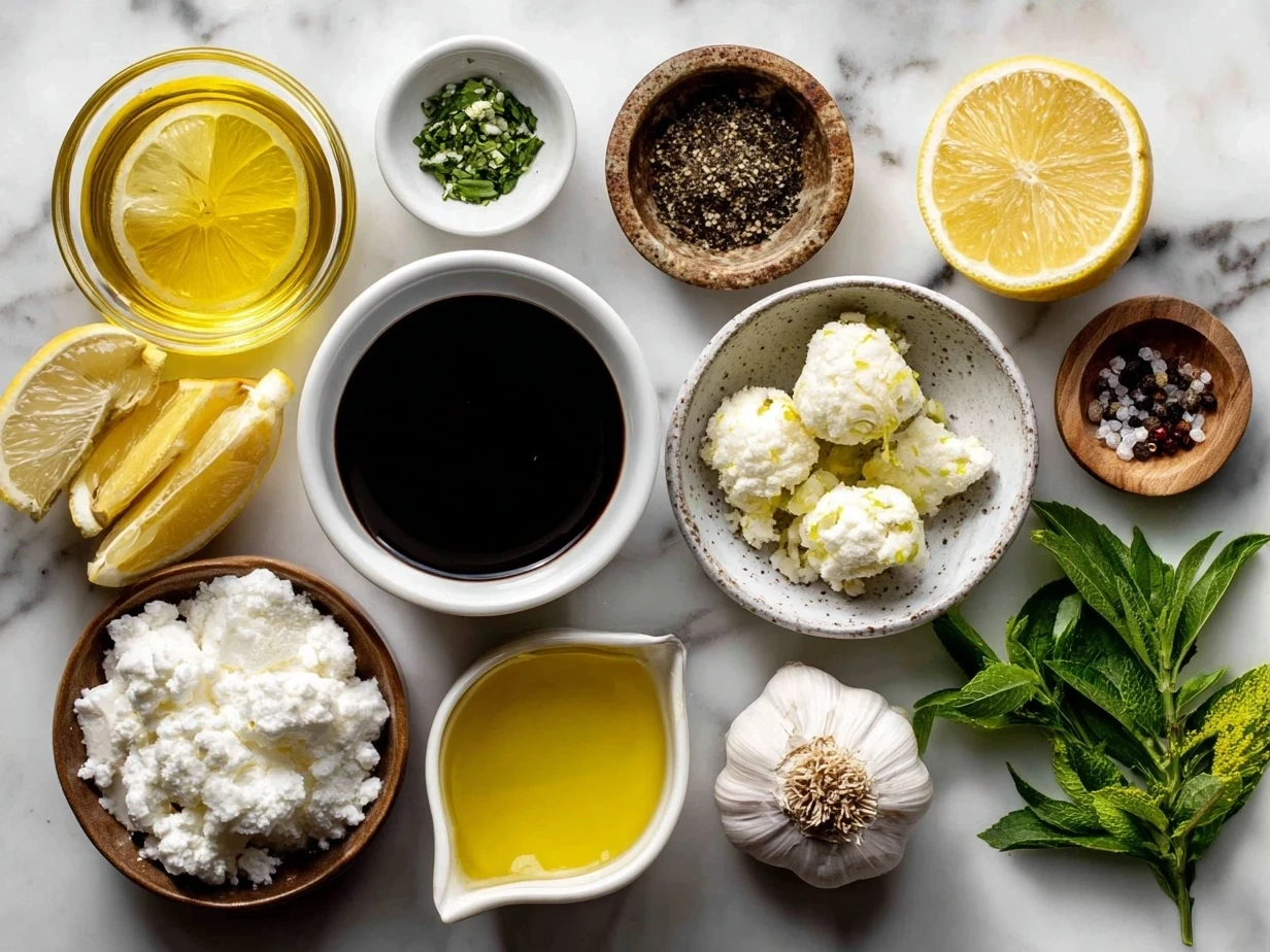 Ingredients for Lemon Vinaigrette including lemon, olive oil, mustard, honey, garlic, salt, and pepper