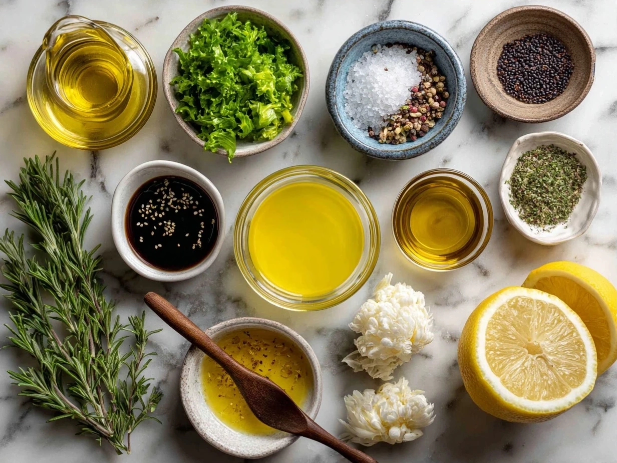 Fresh lemons, olive oil, garlic, and other ingredients for a homemade Lemon Vinaigrette Dressing on a kitchen counter.