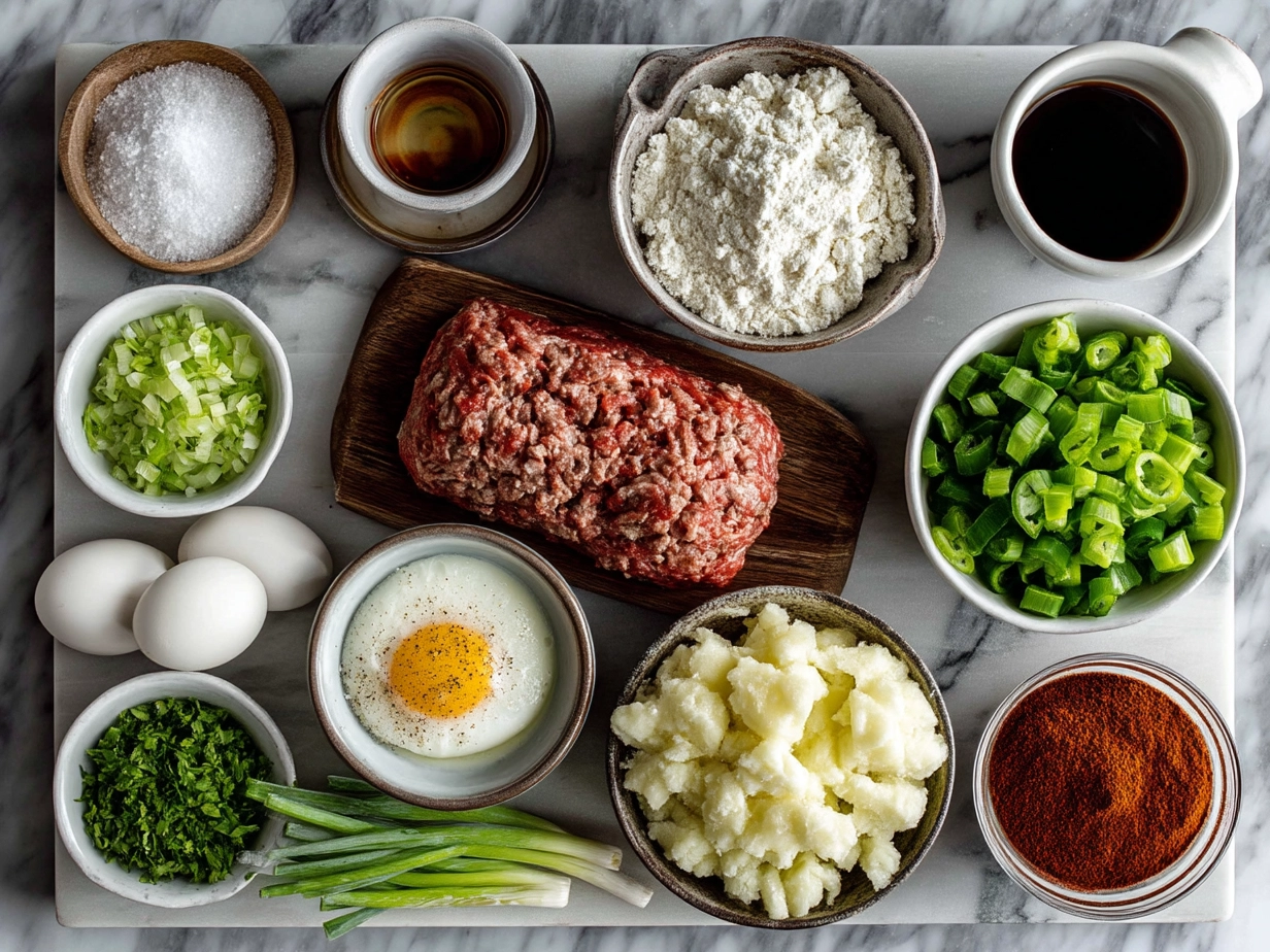 Ingredients for Loaded Potato Meatloaf including ground beef, cheese, bacon, onions, garlic, mashed potatoes, and spices