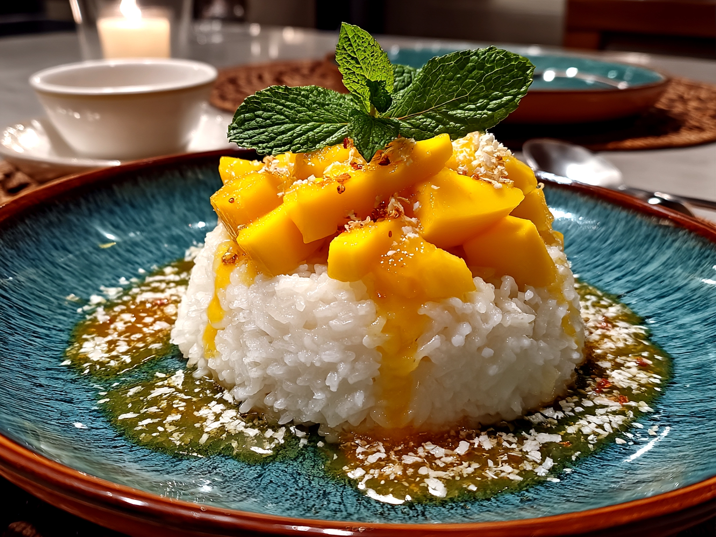 Serving of Mango Sticky Rice with fresh sliced mango and toasted sesame seeds on a plate