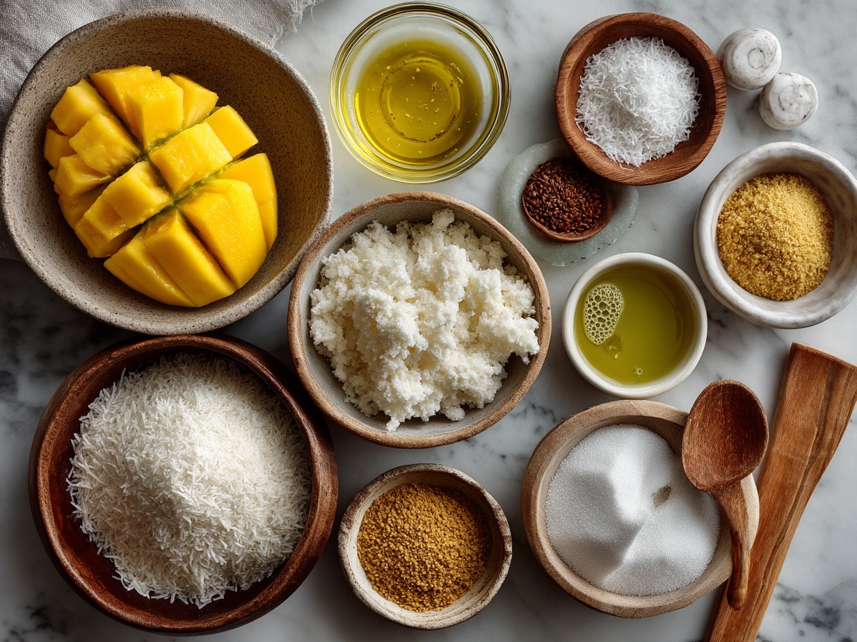 Ingredients for Mango Sticky Rice recipe showing glutinous rice, coconut milk, mangoes, and other essentials