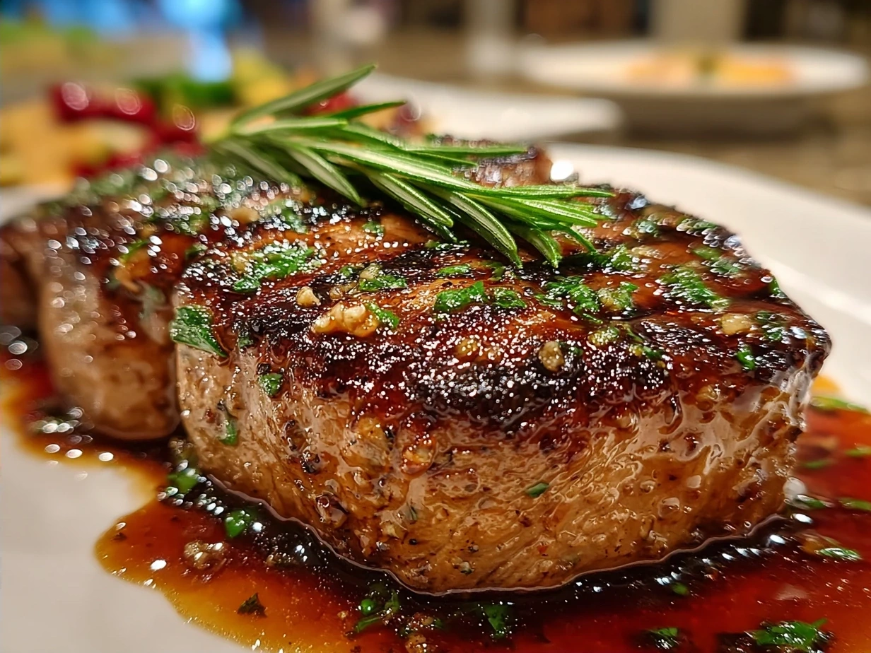 Sliced Maple Dijon Glazed Beef Tenderloin served with sides