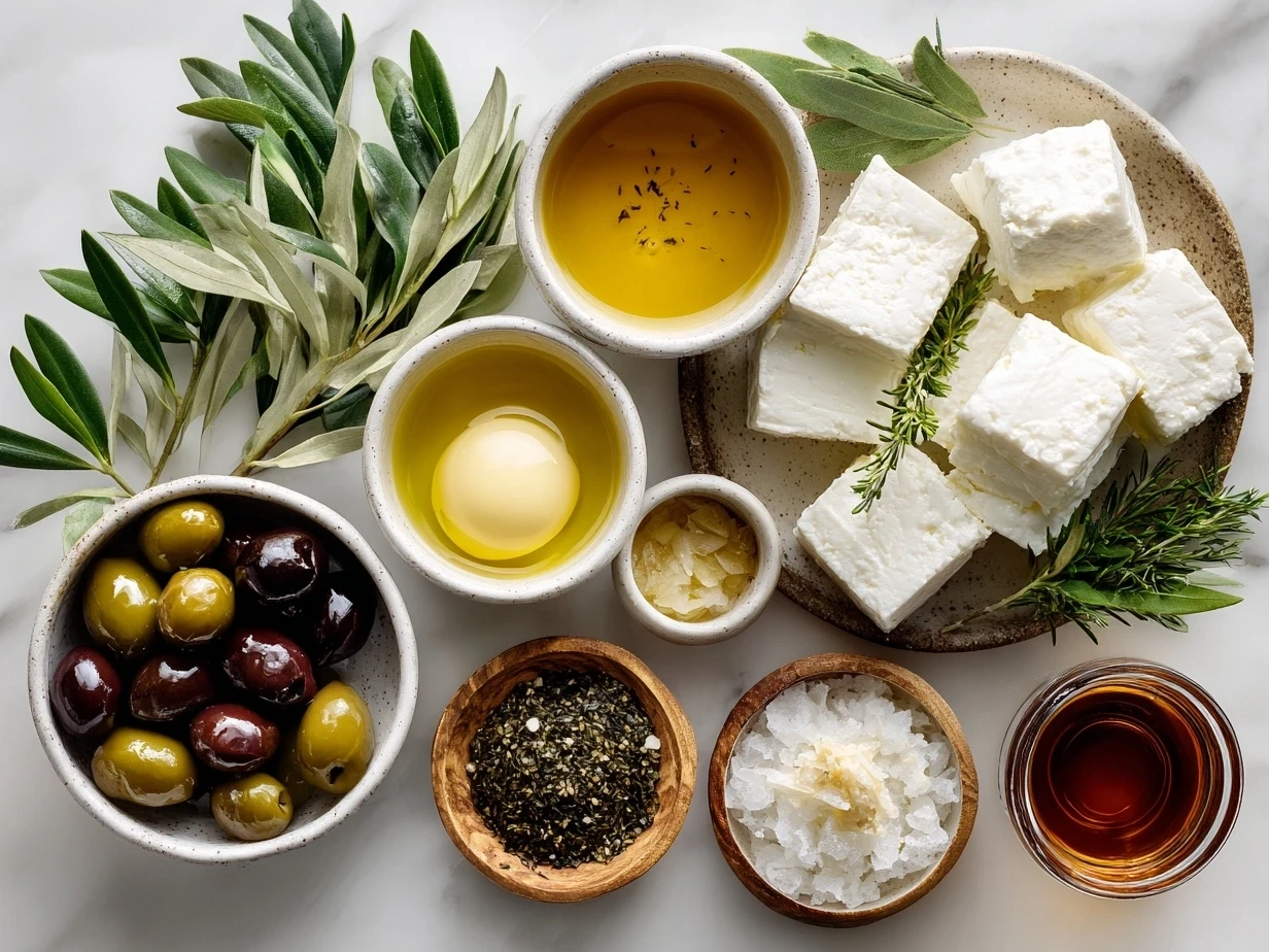 Ingredients for Marinated Olives and Feta Cheese laid out on a counter