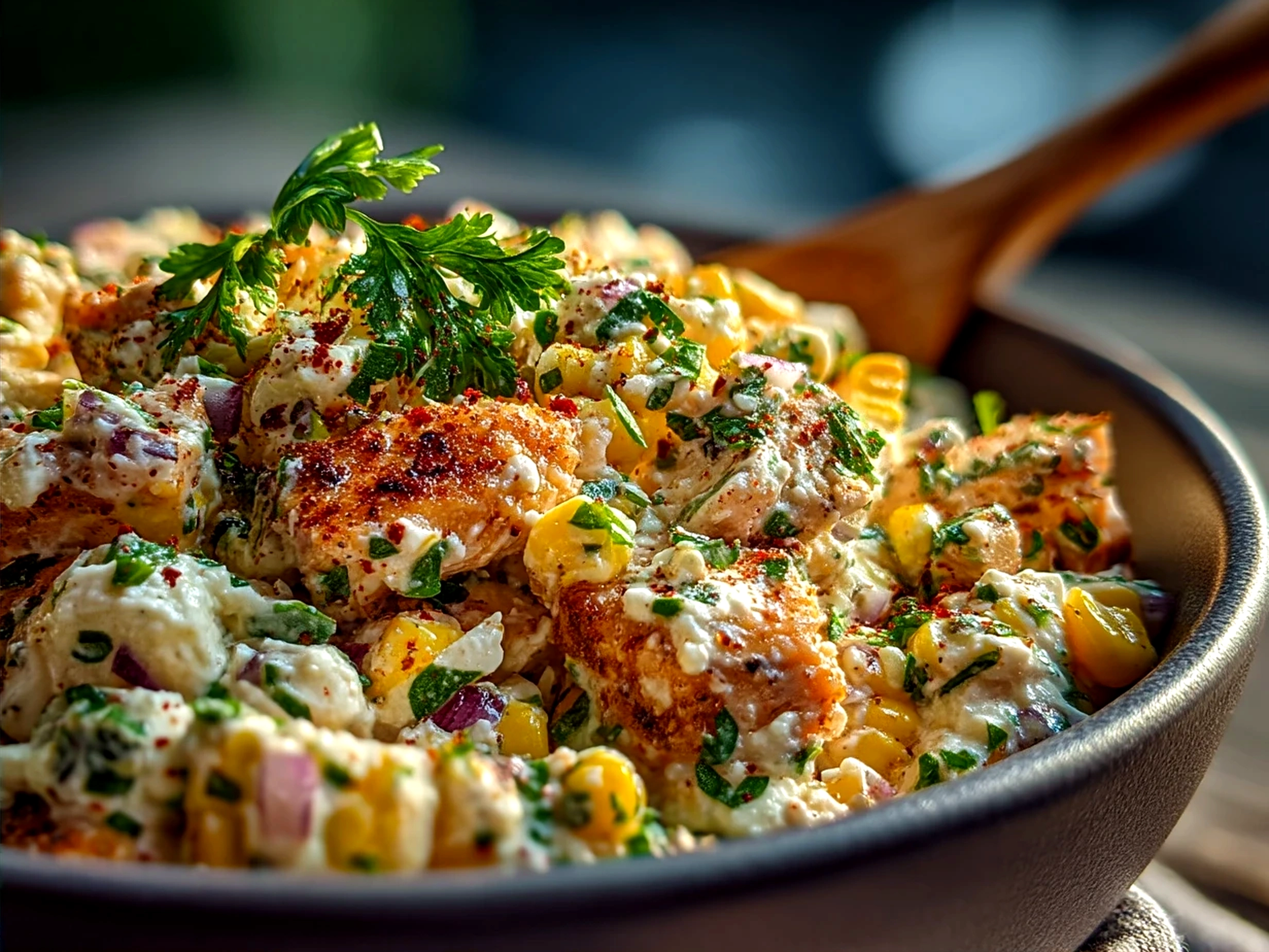 Mexican Street Corn Chicken Salad served in a bowl with avocado slices and tortilla chips