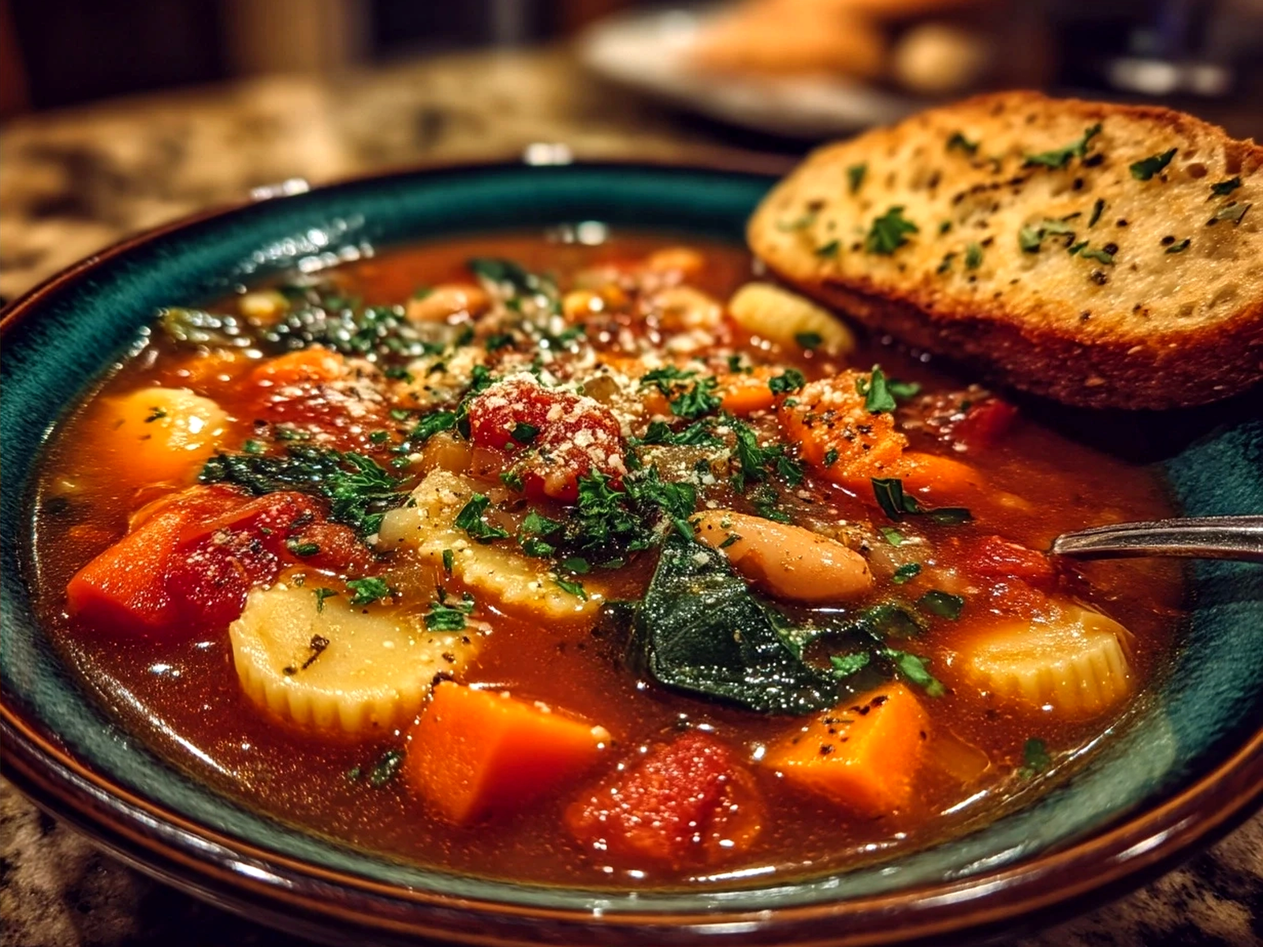 A bowl of hearty Minestrone Soup garnished with fresh parsley