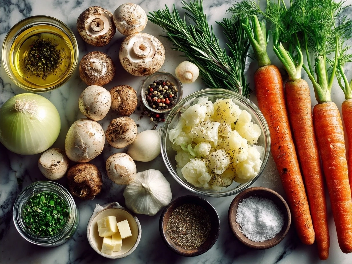 Ingredients for Minestrone Soup including olive oil, onions, garlic, carrots, celery, zucchini, and beans