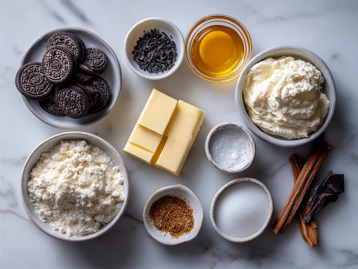Ingredients for Mint Oreo Balls including cookies, cream cheese, and chocolate chips