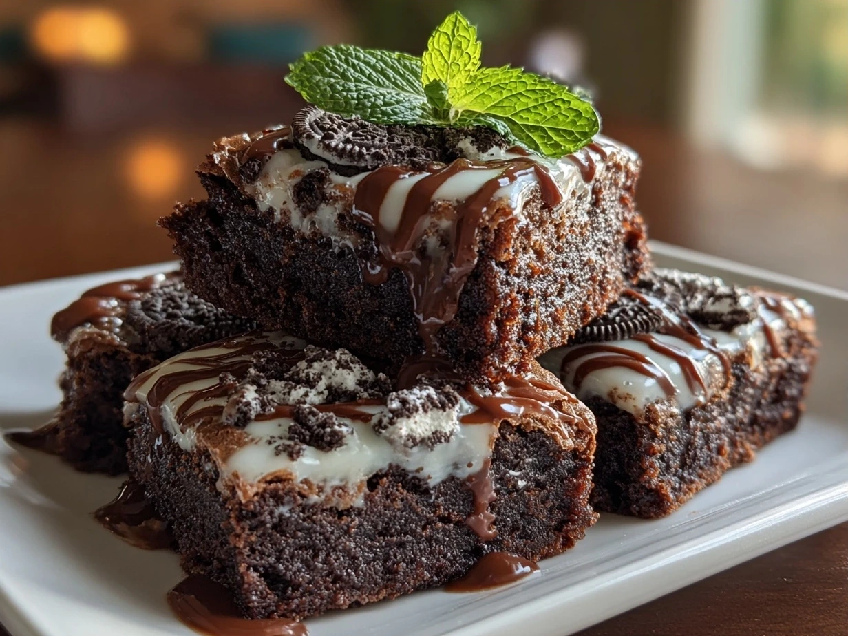 Freshly baked Mint Oreo Brownies sliced and served on a white plate with mint leaves garnish.