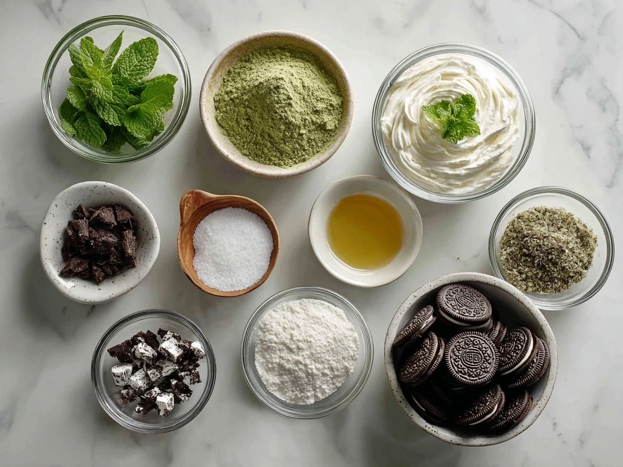 Ingredients for Mint Oreo Brownies laid out on a wooden surface with flour, cocoa powder, Oreos, and eggs.