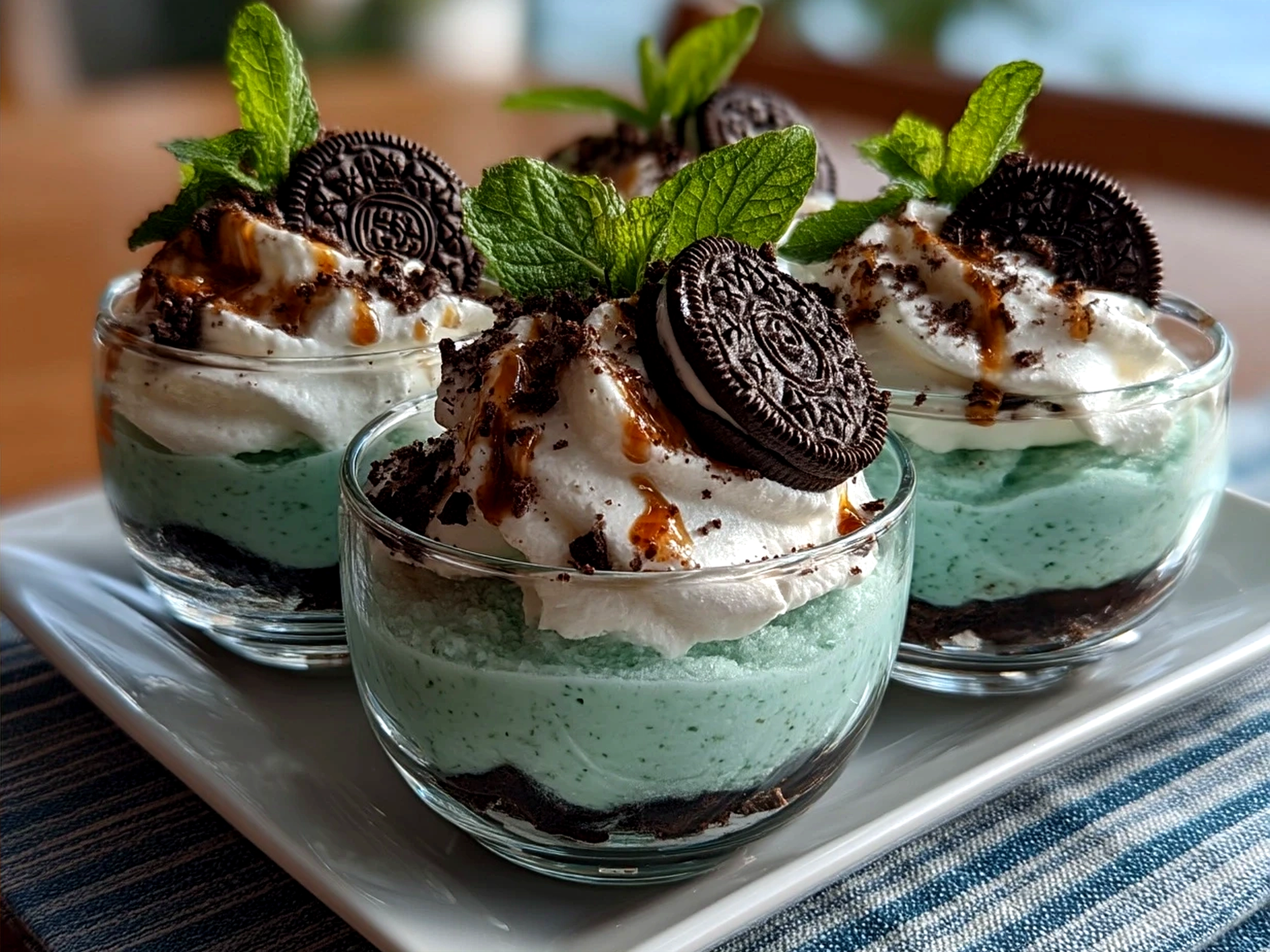 Finished Mint Oreo Parfaits served in clear glasses garnished with fresh mint leaves