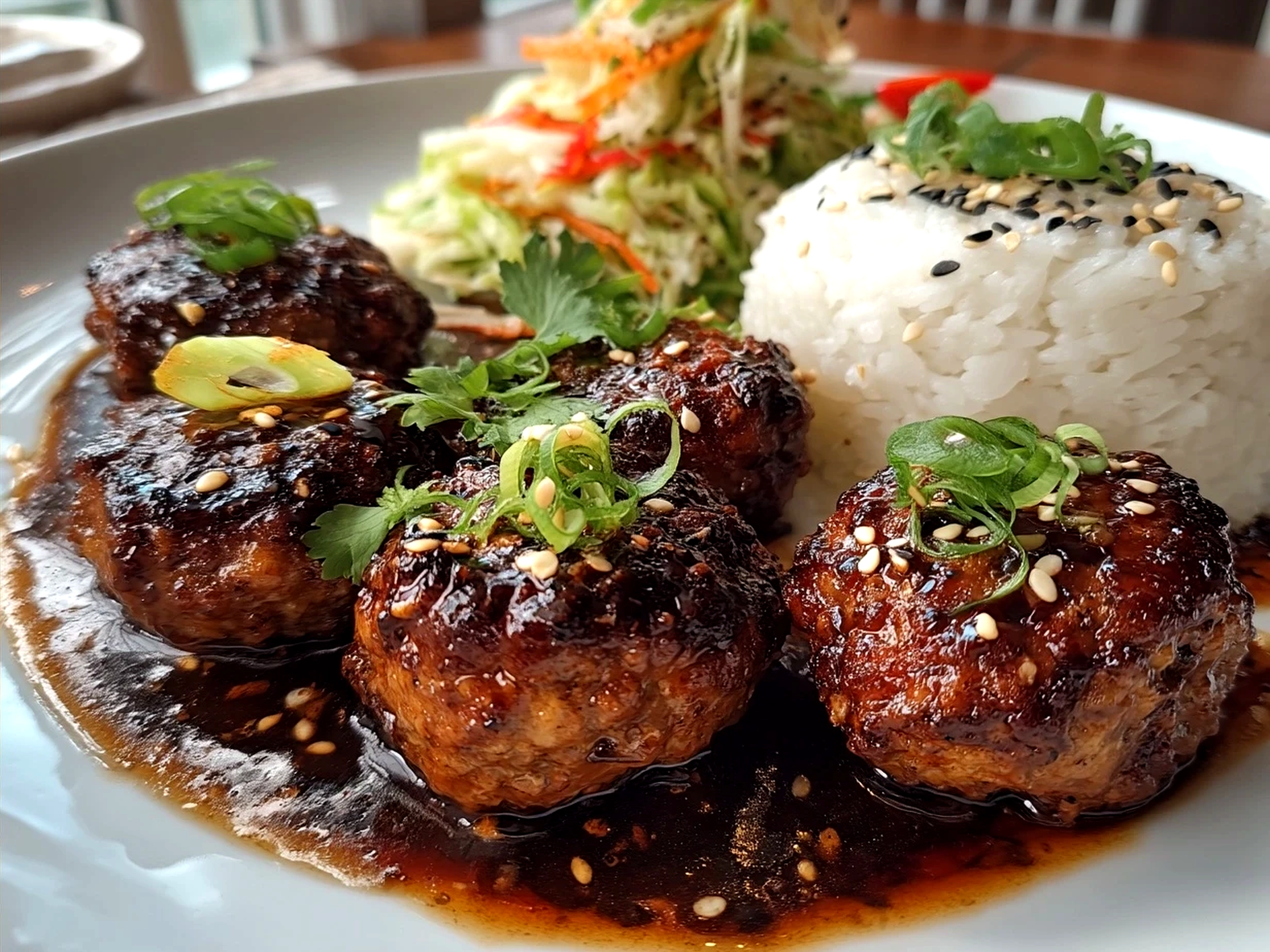 Serving of Mongolian Meatballs over jasmine rice with green onions garnish